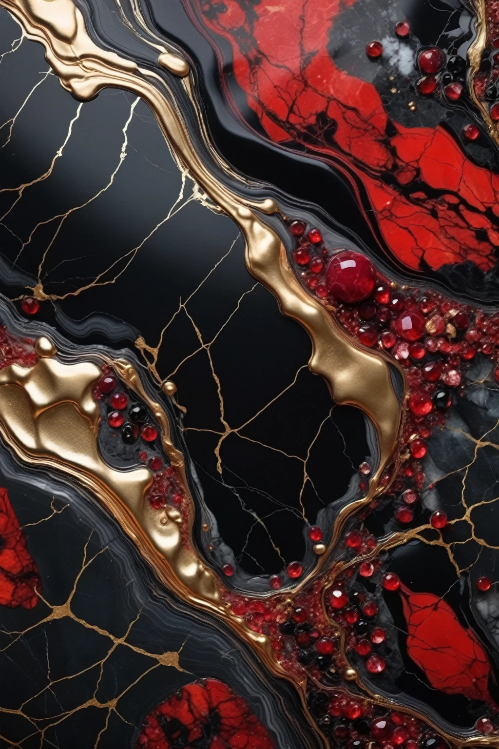 a beautiful abstract marble texture, with colors of black, red and gold, black obsidian marble with veins of ruby red crystals and gold, highly detailed, intricate design, BY Anne Bachelier,