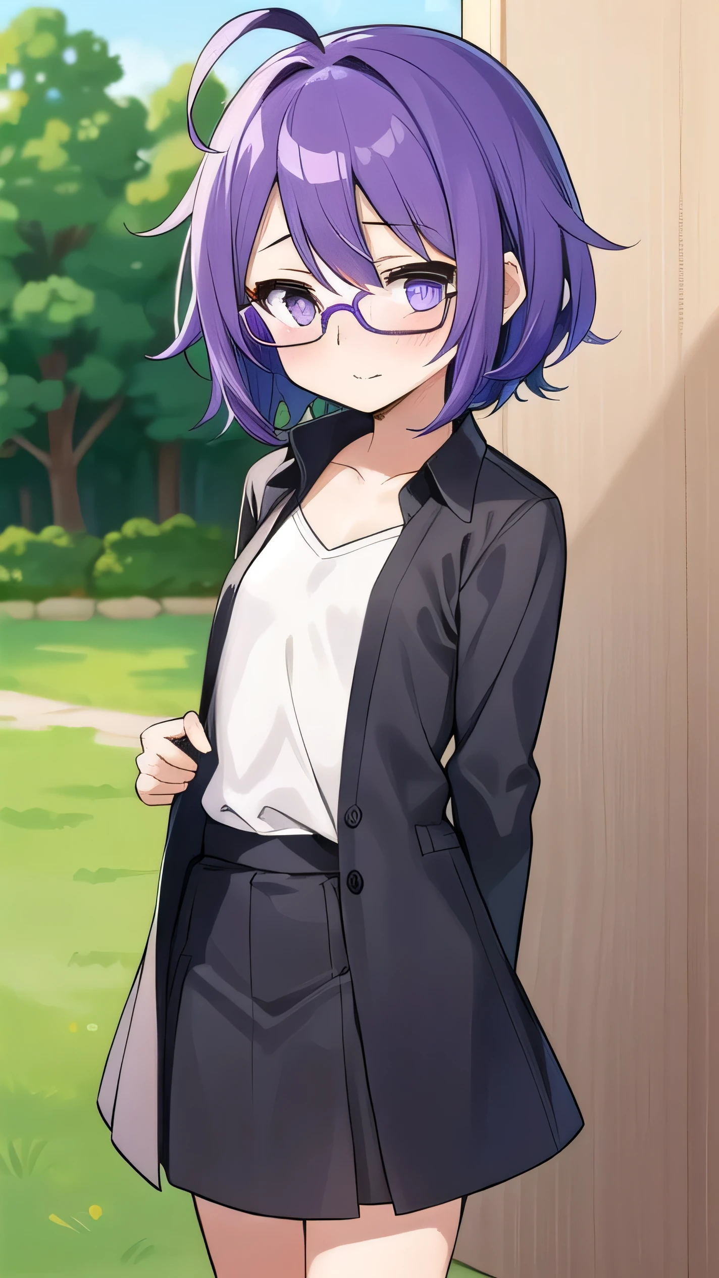(Purple hair:1.4), gray eyes, , , short, short long hair, kind expression, shy, almost no breasts, ahoge, girl alone, , glasses with no edges, embarrassed, flat chest