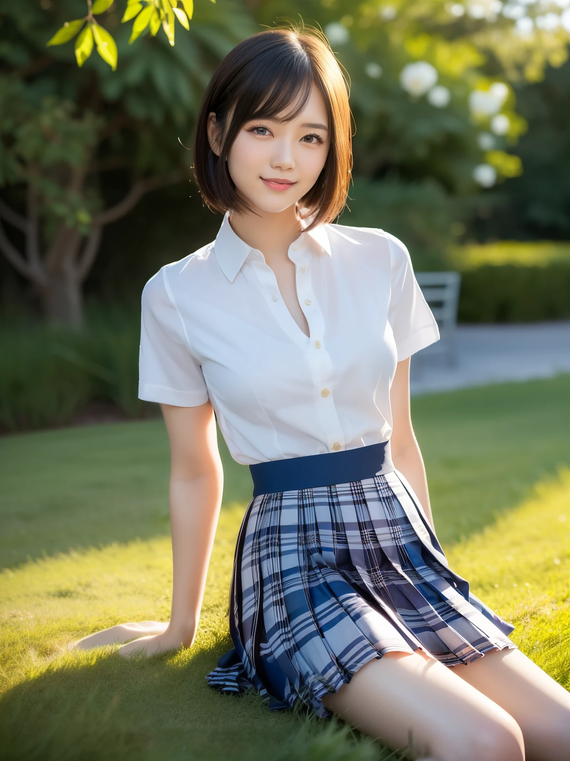 (Highest quality: 1.5), (Realistic: 1.5), (1 person: 1.5), Highly detailed, High resolution, 8k, slightly saggy medium breasts, Natural colored lips, Cute smile, Japanese woman, 20 year old girl, beautiful and graceful features, perfect and beautiful face, balanced big eyes, brunette eyes, beautiful and graceful features, natural double eyelids, natural bangs, beautiful thin nose, beautiful skin, medium bob hair , natural bangs , perfect and beautiful face, slim face and figure, blue summer sky, grass park, looking at the viewer, socks, (looking at the camera with a sweet smile), bright lighting, professional lighting, forward lighting, beautiful legs: 1.2, smooth skin, slender body, slim waistline, slim thin thighs, (sitting on the grass), white clover blooming, cleavage, detailed clothes, (short sleeve dress shirt:1.5), (Pleated skirt:1.5), plaid pleated micro mini skirt, short sleeve dress shirt, unbuttoned shirt to show cleavage, 