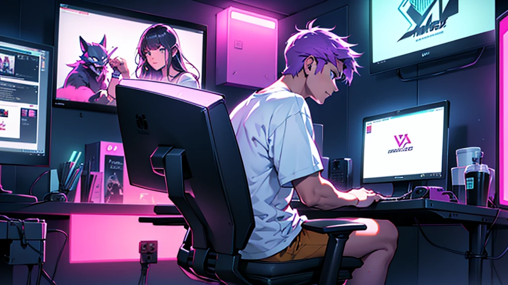 guy looks at a large laptop screen, dressed in shorts and a T-shirt, sitting in a gaming chair, room with posters, night, neon pink purple