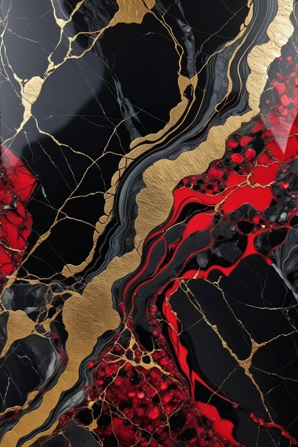 a beautiful abstract marble texture, with colors of black, red and gold, black obsidian marble with veins of ruby red crystals and gold, highly detailed, intricate design