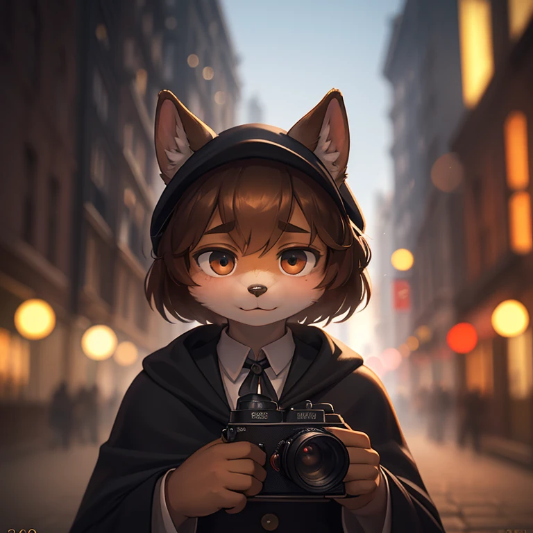 Henri Cartier-Bresson style , The decisive moment , (Extreme Perspective:0.75) , Shallow depth of field , rule of thirds , old Cine Lenses , (Bokeh) , realistic hairy fur , round face , round eyes , Swollen cheeks , hair ties , 1900s Foggy London city , Sherlock Holmes style movie , A female detective wearing a cloak and Journalist boy with a Rangefinder camera , (emerge from the shadows:1.2) , look at away , (peeping out scene) , Hidden photos