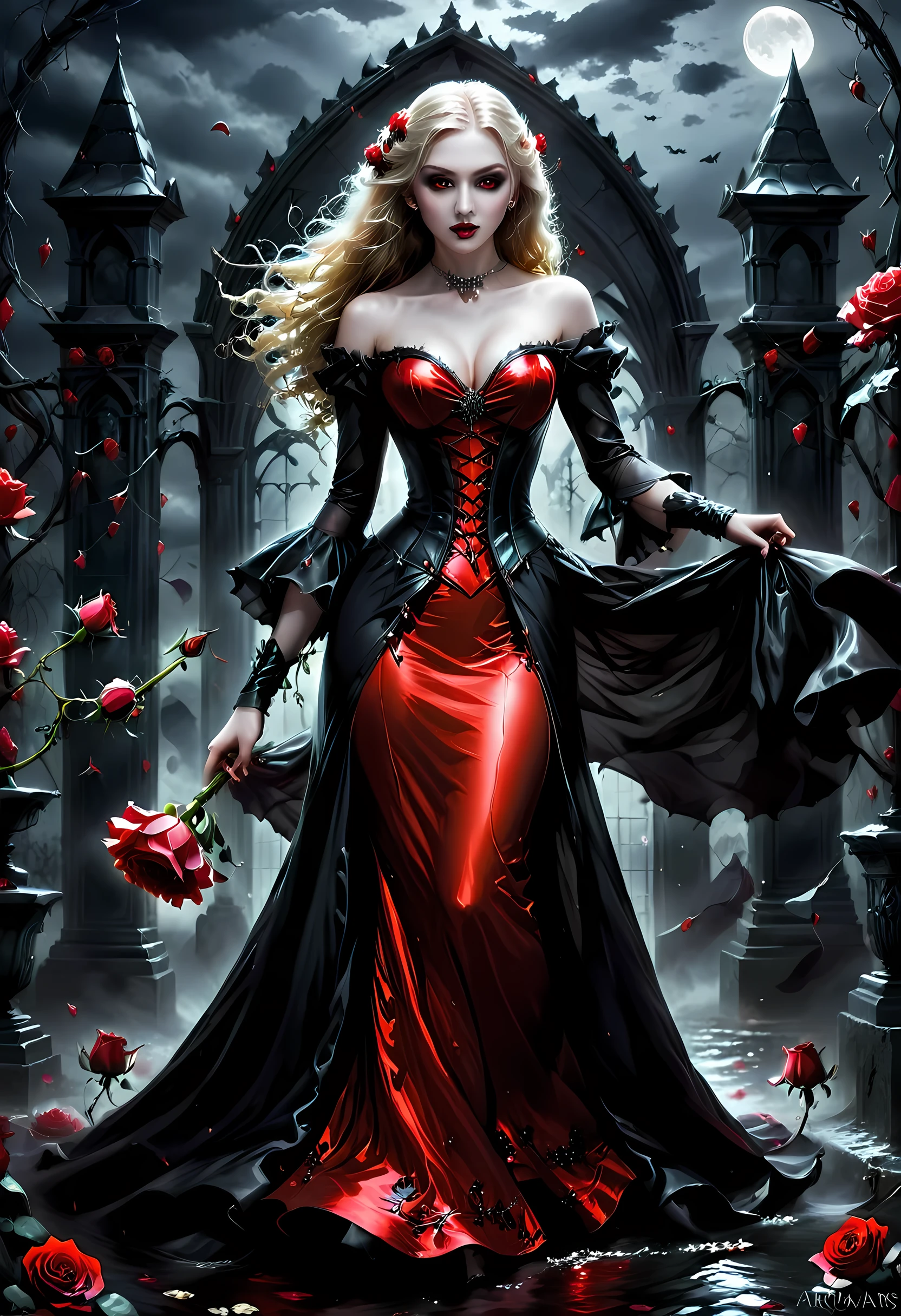 Dark fantasy art, fantasy art, goth art, a picture of a female vampire, exquisite beauty, full body shot, dark glamour shot, pale white skin, dark blond hair, long hair, wavy hair, (glowing grey: 1.3) eyes, she wears a (red: 1.3) red dress, ArmoredDress, the roses are imprinted on the dress (black: 1.4) black roses betmd, high heells, dark castle porchm, dark, black and colorm, Dark Art Painting Style