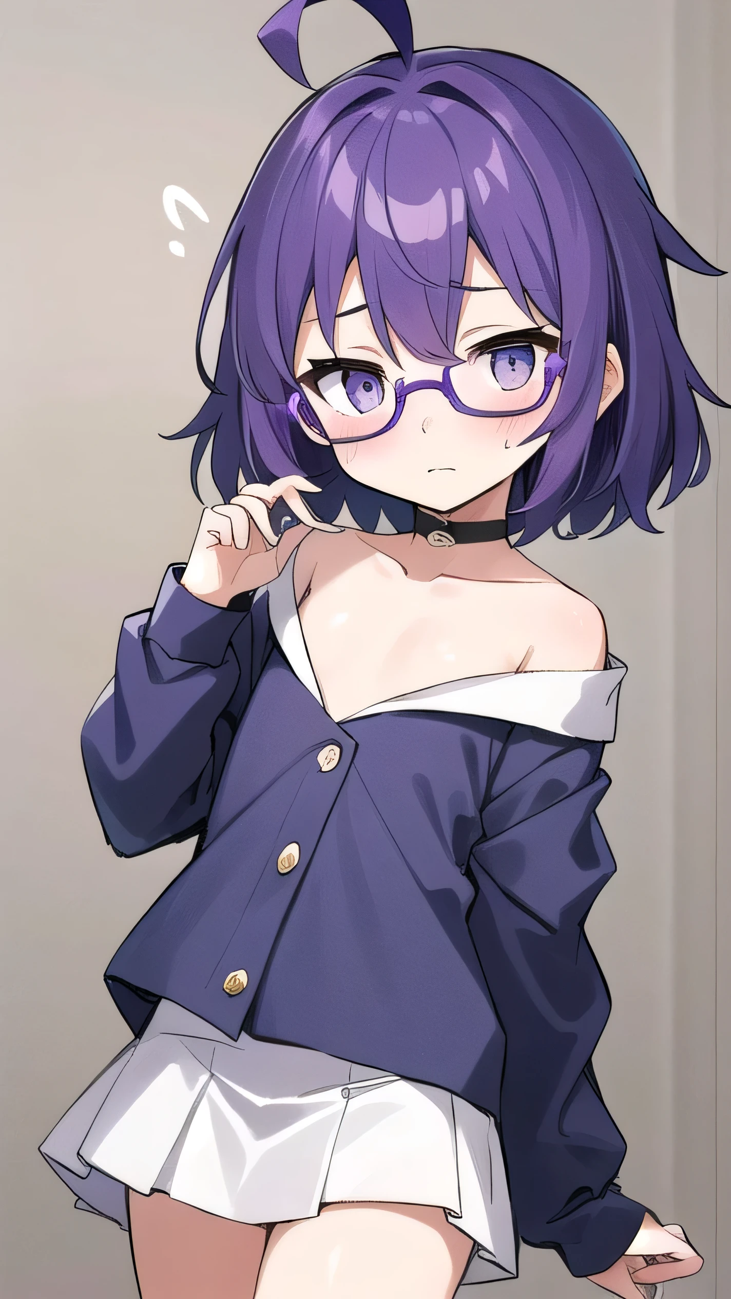 (Purple hair:1.4), gray eyes, , short, short long hair, kind expression, shy, almost no breasts, slightly exposed. hair,(flipped hair ), flipped hair, ahoge, girl alone, flipped hair, flipped hair, flipped hair, flipped hair, glasses with no edges, embarrassed, flat chest， , (Naked: 1.5)，nipples are visible，pussy are visible,  beautiful eyes