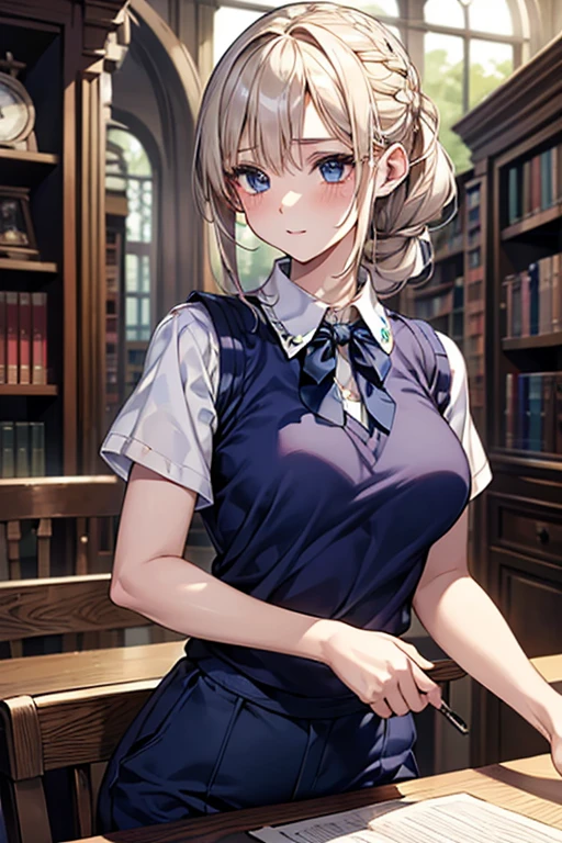 masterpiece、highest quality、Super detailed、An illustration、Beautiful detailed eyes、One girl、cute、Detailed landscape、Library Background、Platinum Blonde Hair、braided ponytail、((D cup breasts, Collared short-sleeved shirt:1.3, Navy blue vest, Navy blue slacks))