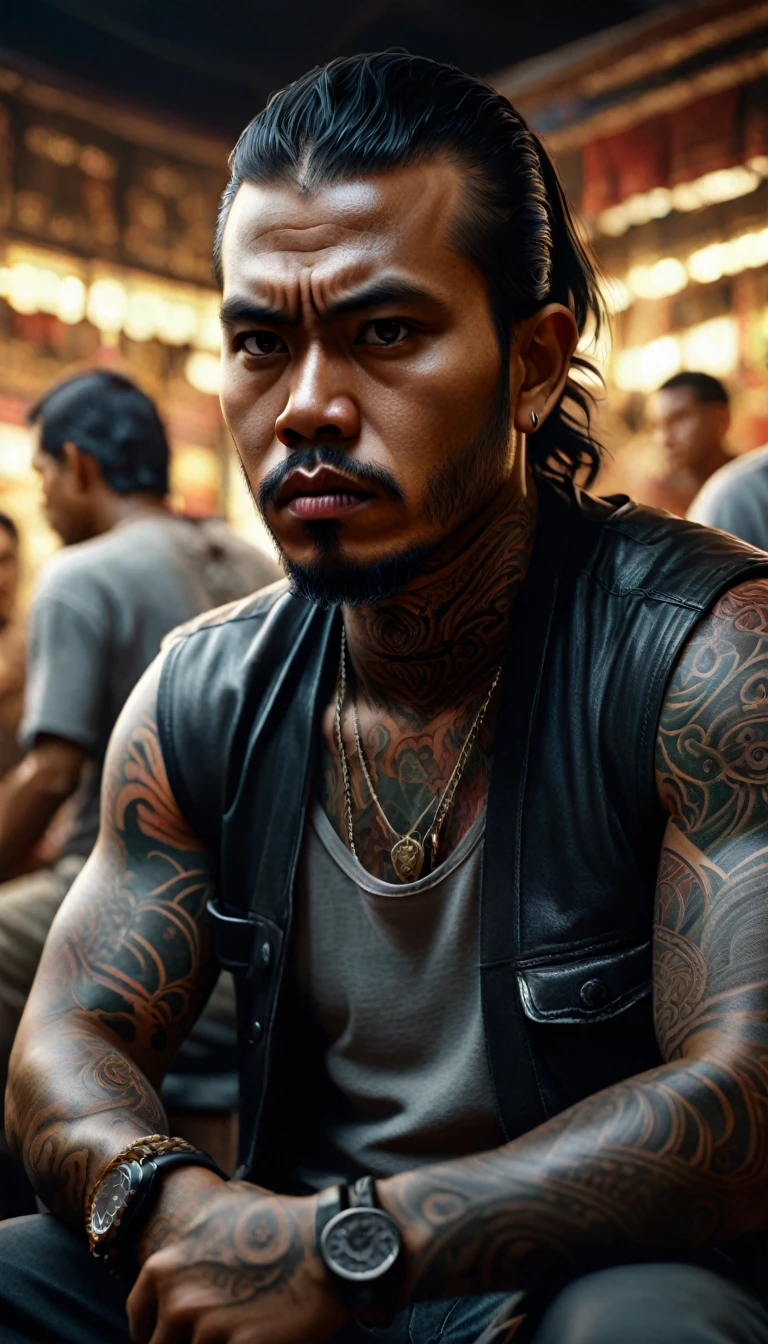 a group of menacing looking Indonesian thugs with tattoos, sitting in the market, terminal,
digital UHD (k) image, cinematic film still dramatic side lighting, dramatic intense stare closeup portrait, hdr, shallow depth of field, vignette, highly detailed, high budget Hollywood film, cinemascope, moody, epic, gorgeous
, Highly detailed and clean, Photorealistic and cinematic masterpiece, professional photography, realistic, realism, 200k , Raytracing and light effect , digital, perfect composition, beautiful detailed intricate insanely detailed octane render trending on artstation, 8 k artistic photography, photorealistic concept art, soft natural volumetric cinematic perfect light, award - winning photograph, masterpiece, raphael, caravaggio, greg rutkowski, beeple, beksinski, giger