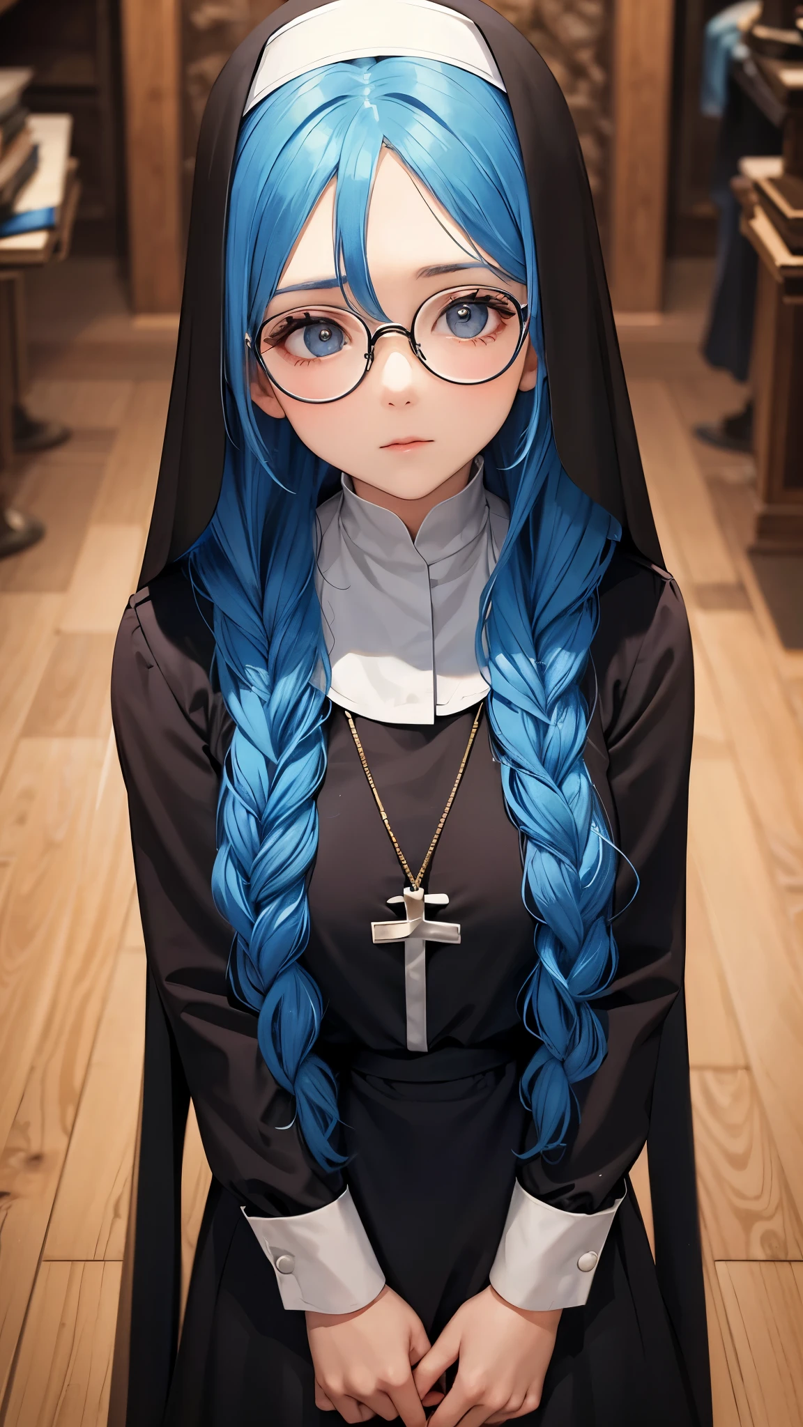 Woman wearing round frame glasses Blue Hair Her hair is braided in the front nun