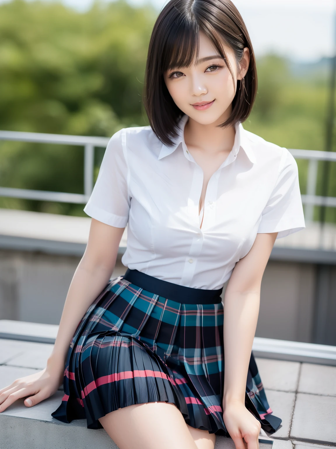 (Highest quality: 1.5), (Realistic: 1.5), (1 person: 1.5), Highly detailed, High resolution, 8k, slightly saggy medium breasts, Natural colored lips, Cute smile, Japanese woman, 20 year old girl, beautiful and graceful features, perfect and beautiful face, balanced big eyes, brunette eyes, beautiful and graceful features, natural double eyelids, natural bangs, beautiful thin nose, beautiful skin, medium bob hair , natural bangs , perfect and beautiful face, slim face and figure, blue summer sky,  socks, (looking at the camera with a sweet smile), bright lighting, professional lighting, forward lighting, beautiful legs: 1.2, smooth skin, slender body, slim waistline, slim thin thighs,  cleavage, detailed clothes, (short sleeve dress shirt:1.5), (Pleated skirt:1.5), plaid pleated micro mini skirt, short sleeve dress shirt, unbuttoned shirt to show cleavage, sit on the roof of the school,