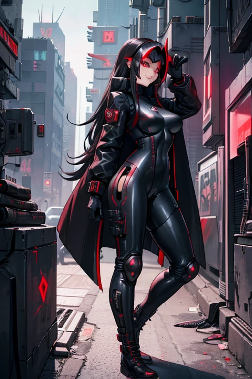 female, silver long hair with black highlights, red eyes, (((1girl))), (((red cyberpunk bodysuit))), (black sleeveless cyberpunk coat), (black gloves), (black belt), (black boots), (cyberpunk helmet with visor), cute and sexy, full body, large breasts, large butt, long legs, smiling