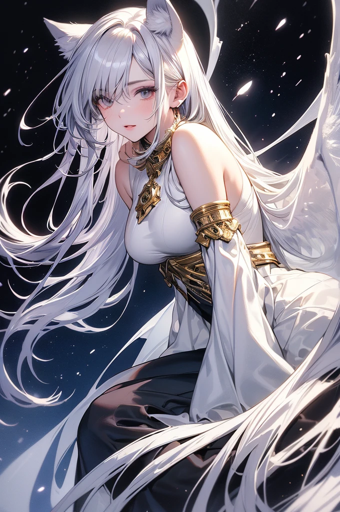 ((masterpiece, highest quality)),Ultra-high resolution, (realism: 1.4),Best illustrations,Line art,Very condensed adult female,Delicate and beautiful features,Slit eyes,Sharp face,A white coat with extremely detailed wrinkles,Silver Hair,Wolf ears,Big tail,Fantasy,The background is a full moon and wilderness,wide aperture,Unreal 5,Scattered beneath the surface,Anatomically correct,Low angle full body shot