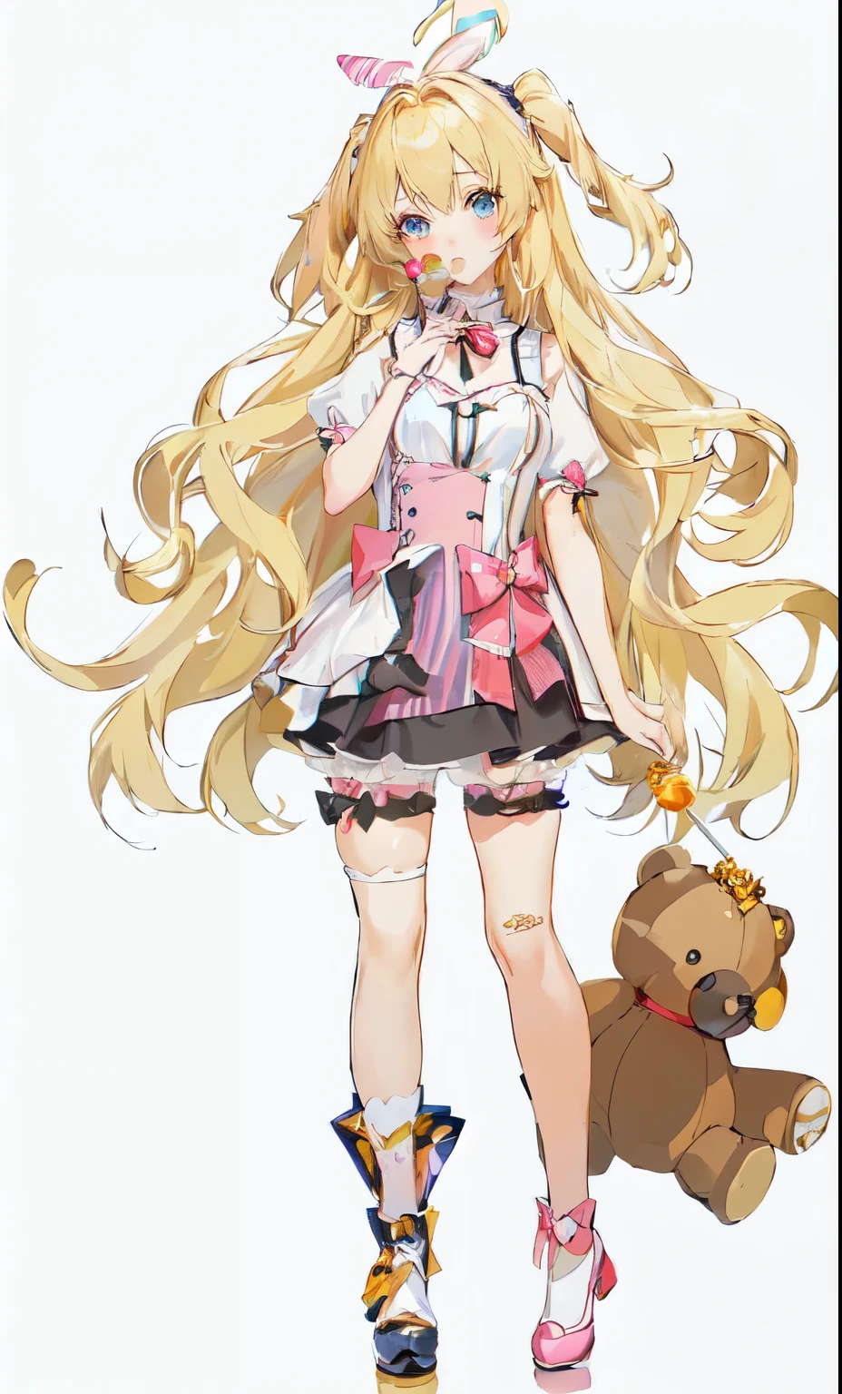 anime girl with blonde hair，Holding a lollipop，Holding a teddy bear in his hand, , Ink art anime loli, My dress up dear anime, !!Full body portrait!!, 长发anime girl with blonde hair, Candy Girl, , Blonde, Lolish, Full body portrait of a short!, Anime Barbie wearing white stockings, Portrait of a magical girl