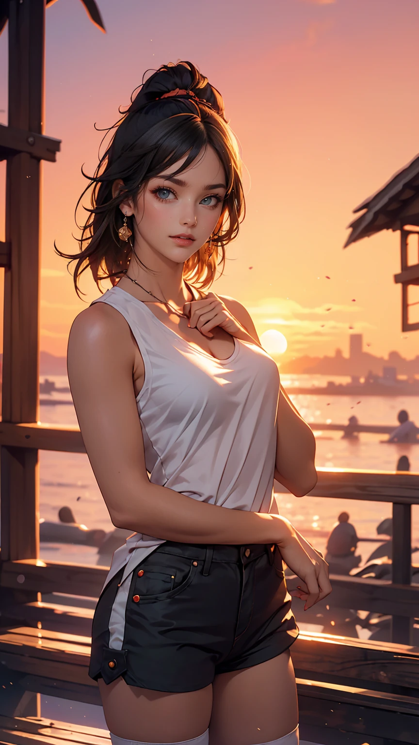 One girl, Photo Model, smile, Focus on your audience, Beautiful lighting, highest quality, masterpiece, Ultra-high resolution, Realistic, Black Hair, Short tank top, Shorts, Long Stockings, Medium chest, White skin,( Sunset background:1.4)