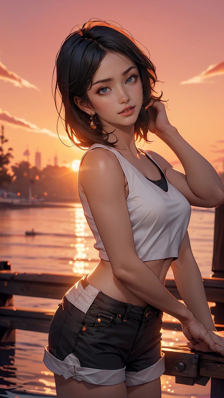 One girl, Photo Model, smile, Focus on your audience, Beautiful lighting, highest quality, masterpiece, Ultra-high resolution, Realistic, Black Hair, Short tank top, Shorts, Long Stockings, Medium chest, White skin,( Sunset background:1.4)