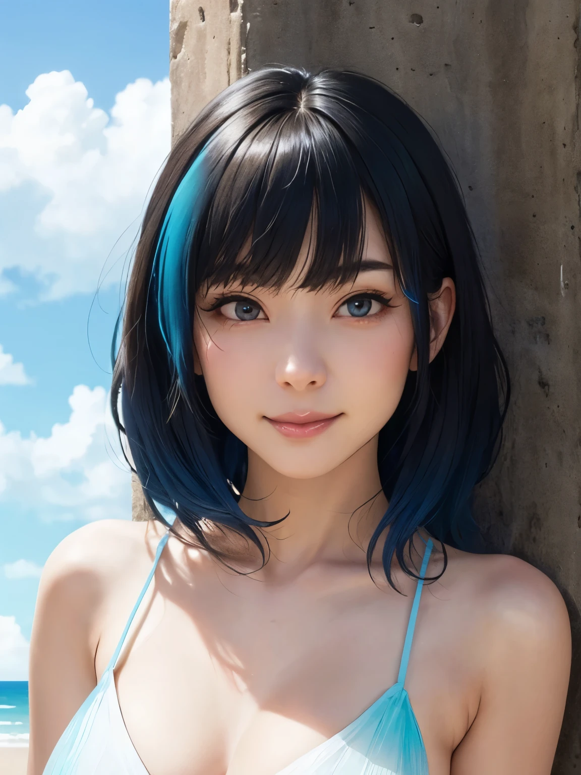 1 girl、highest quality、Realistic、alone、Written boundary depth、Natural soft light、Daytime、charm、Beautiful Face、Cleanliness、Pure Face、White skin、cute、short hair、prohibit、Beach、Light of the sun、Nedium Breast Body Esbian、((セーターを着たBeautiful Faceの黄金比 対称性のあるBeautiful Face))、Long neck、Listen carefully、prohibitのあるきれいな短いボブヘア、Laugh with your mouth closed、Perfect hands指、Perfect hands、Perfect body、Perfect Face、Shine a light into your eyes、Perfect Anatomy:1.4、とてもcuteスーパーモデル:1.4、{Huge|big|Hugeな|Mega} chest:2, chestの谷間:2、Transparent、Transparency、glosoisture、shine、Cool feeling、(Beautiful gradient blue sky outdoors:2)