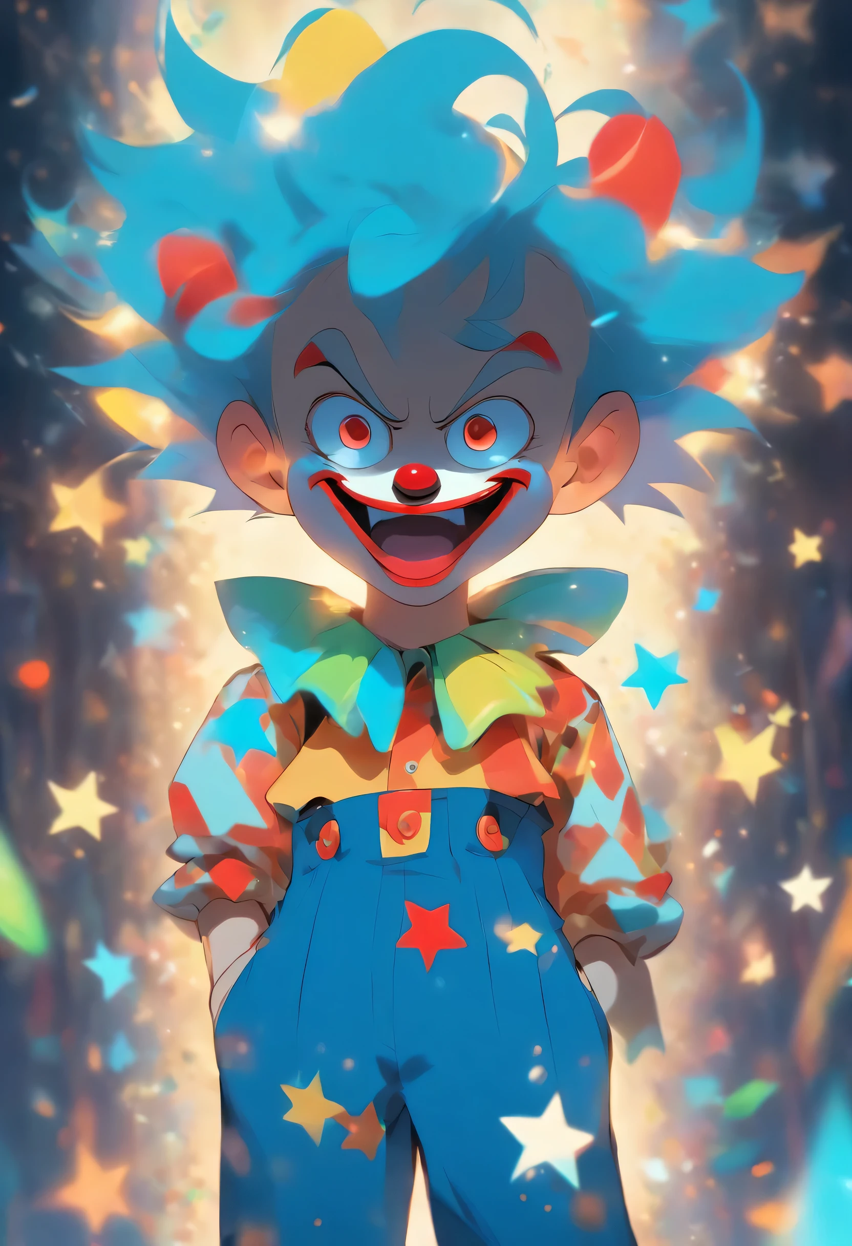a clown boy wearing a colorful costume, blue pants with white star patterns, a yellow shirt, emotional facial expression, disney style,only costume design ,so many