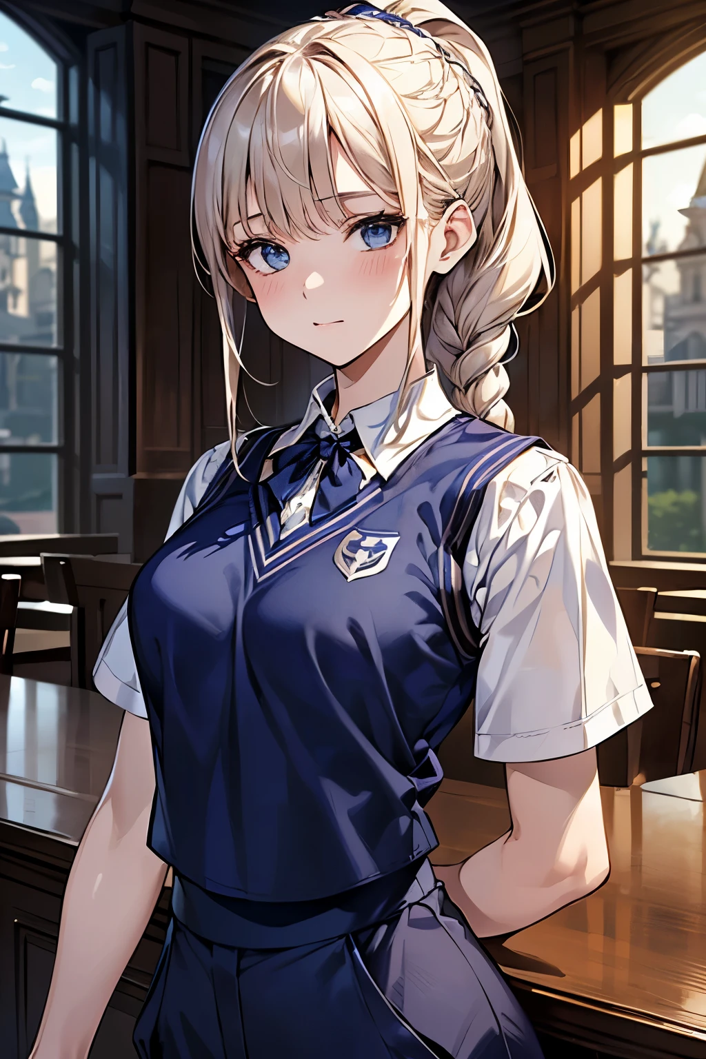 masterpiece、highest quality、Super detailed、An illustration、Beautiful detailed eyes、One girl、cute、Detailed landscape、Library Background、Platinum Blonde Hair、braided ponytail、((D cup breasts, Collared short-sleeved shirt:1.3, A navy blue vest with the school emblem on the chest, Navy blue slacks))