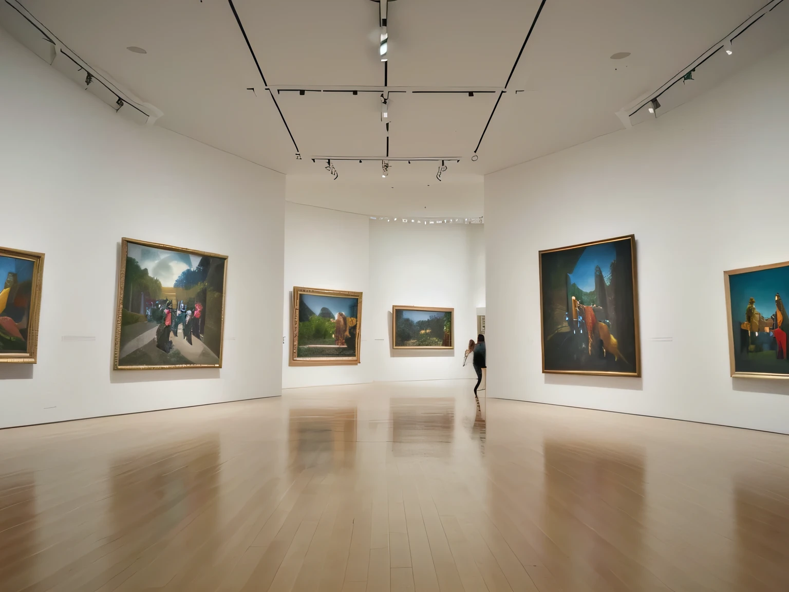 angle view of interior of modern art museum showing paintings on a long wall, close up