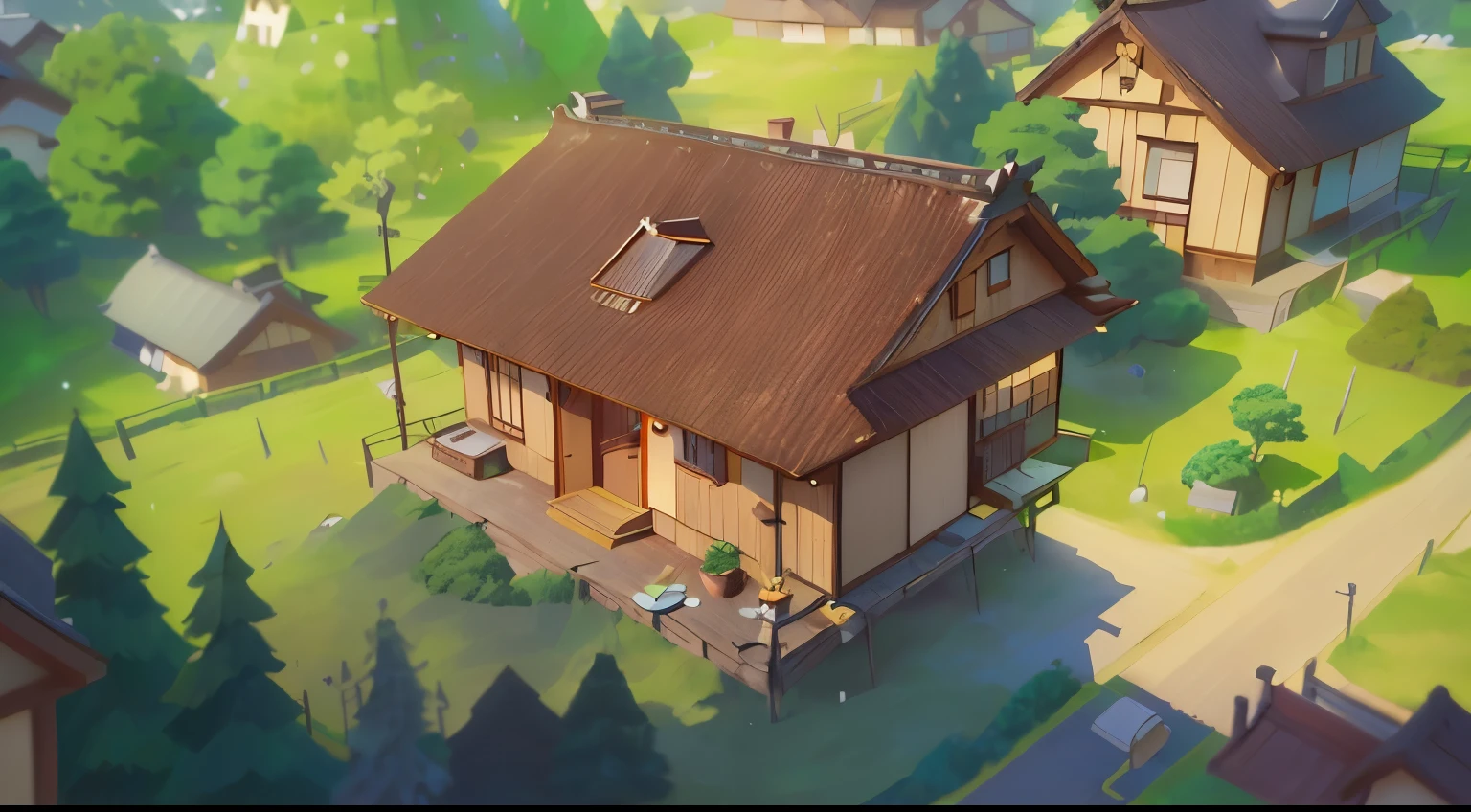 there is a small house in the middle of a small town, japanese house, anime styled 3d, monokubo, stylized pbr, stylized as a 3d render, game asset, european japanese buildings, inspired by Tōshi Yoshida, wooden house, heavily stylized, realistic anime 3 d style, wooden cottage, 3 d stylize scene