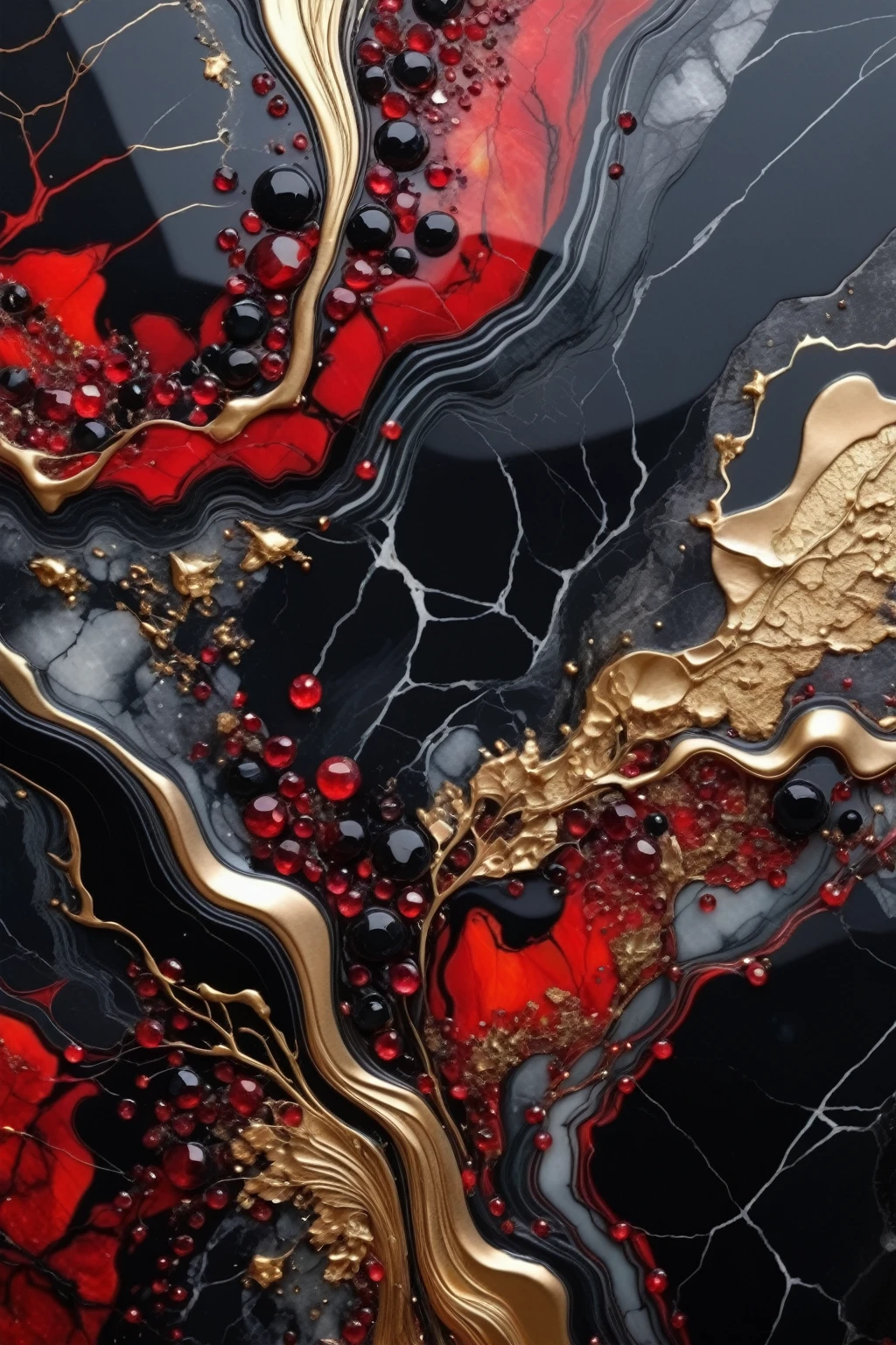 a beautiful abstract marble texture, with colors of black, red and gold, black obsidian marble with rivers of ruby red crystals and gold crystals, highly detailed, intricate design, BY Anne Bachelier,