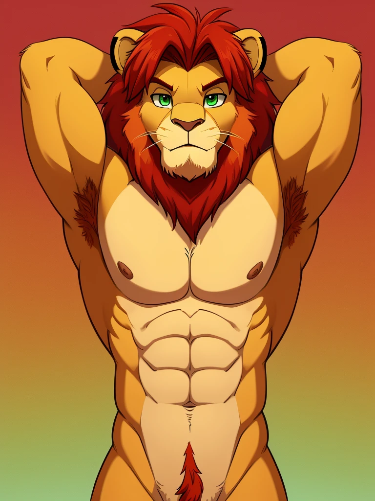 simba, a furry lion, furry, shirtless, muscular, male, red hair, cartoony, illustration, sharp focus, vibrant colors, medium length hair, topless, alone, single, two blogs hairstyle, yellowish fur, cartoony, smooth colors, smooth lining, red hairy armpits, hands up behind head, green eyes, detailed eyes, naked