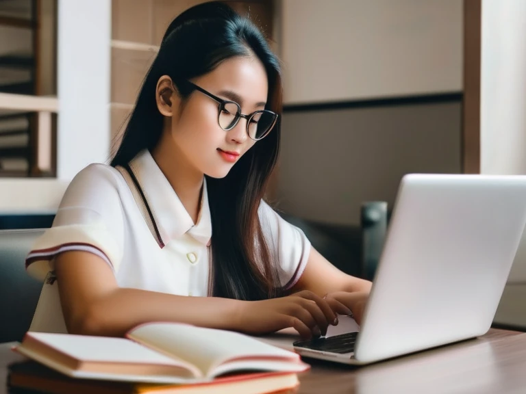 Online tuition girl studying using laptop and books on table, girl white dress and specs