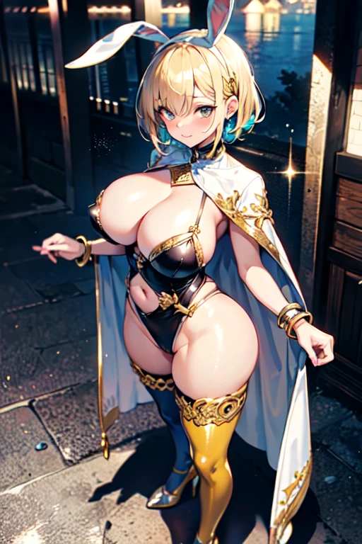 High resolution,Sharp focus,(Super detailed,Very detailed),(Very detailed CG unity 8k wallpaper),(((Vibrant colors))),bewitching pose, nsfw,((Outdoor)),topless,Oblique view from above,
Bunny ears, (wearing white high leg swimsuit),Embroidered costume,Glamorous costumes,Puffy Sleeves,Gold Jewelry,White long tights,White high heels,Long cloak with intricate gold embroidery,Belly chain with gold medals around the waist,Complex eyes,Beautiful fine details,Symmetrical eyes,Big eyes:1.5,Seductive eyes,Camel Toe,erection of nipple,One Girl,Blonde,Shiny Hair,short hair,hair band,Brown eyes,age,cute,
very shiny 肌,Shiny body,plastic glitter 肌,exaggerated shiny 肌,illuminated skin,Big Tits,glamorous,Tight waist,Long legs,curve,Cleavage,erotic,Bold,Revealing clothing,show 肌,Invisible Light, Amazing shine, Neon pink glow, The colors of another world,Bright colors,
(((vulgarity))),bra lift,
Huge Gothic cathedral,It's so shining,Lush greenery growing from ancient stone walls,Medieval towers and spires,Seductive smile,Sticking out tongue,straddling, spread legs, open legs, sweat, perspired, showcasing cleavage, breast focus, oral invitation,