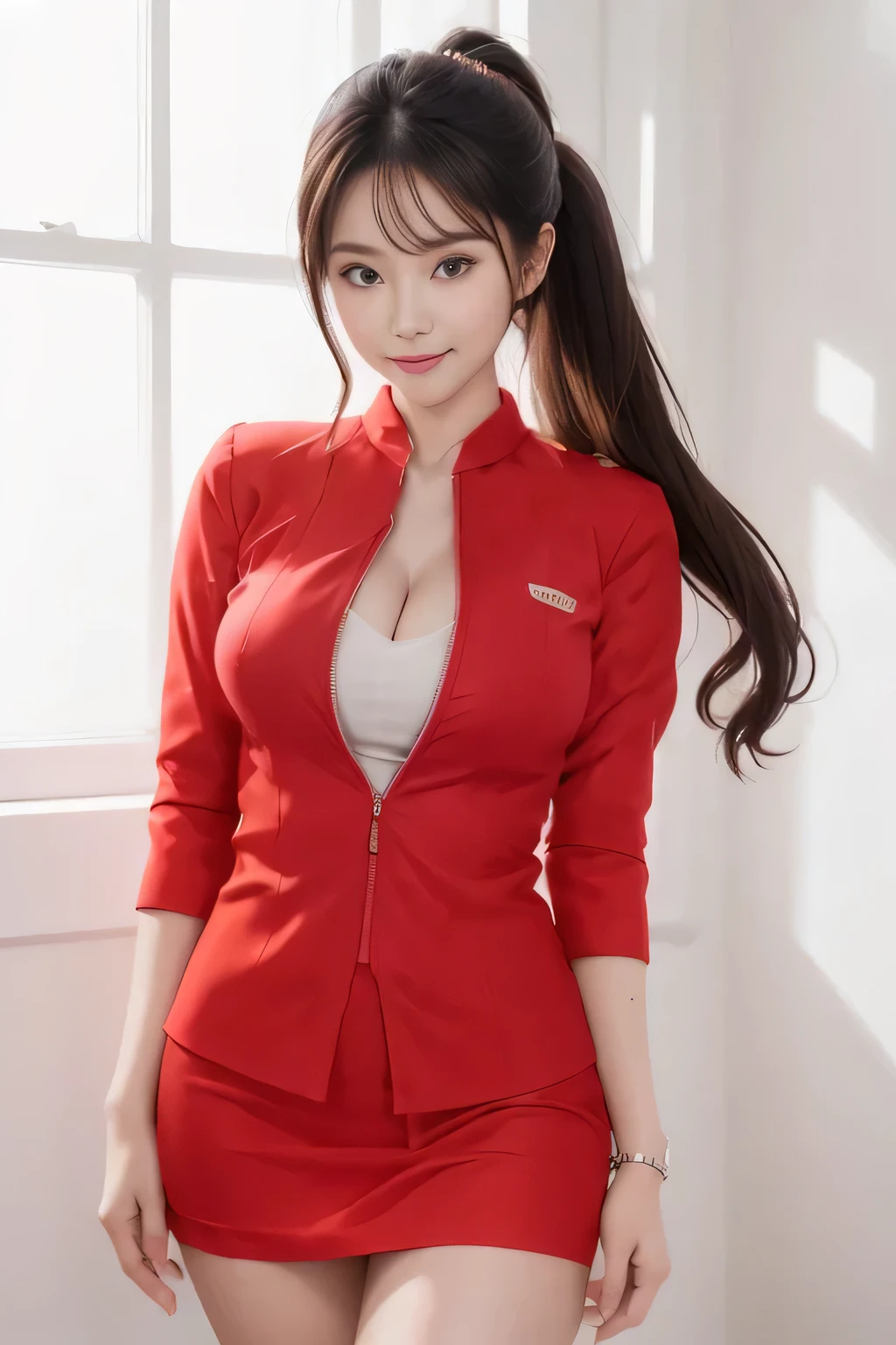 AirAsia red jacket uniform、Big Breasts、(AirAsia uniform white shirt unbuttoned)、(AirAsia uniform shirt showing big breasts),No hair