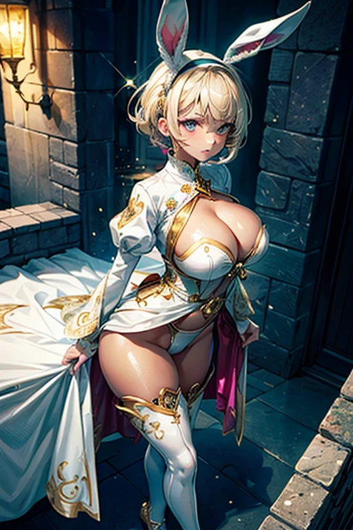 High resolution,Sharp focus,(Super detailed,Very detailed),(Very detailed CG unity 8k wallpaper),(((Vibrant colors))),bewitching pose, nsfw,((Outdoor)),topless,Oblique view from above,
Bunny ears, (wearing white high leg swimsuit),Embroidered costume,Glamorous costumes,Puffy Sleeves,Gold Jewelry,White long tights,White high heels,Long cloak with intricate gold embroidery,Belly chain with gold medals around the waist,Complex eyes,Beautiful fine details,Symmetrical eyes,Big eyes:1.5,Seductive eyes,Camel Toe,erection of nipple,One Girl,Blonde,Shiny Hair,short hair,hair band,Brown eyes,age,cute,
very shiny 肌,Shiny body,plastic glitter 肌,exaggerated shiny 肌,illuminated skin,Big Tits,glamorous,Tight waist,Long legs,curve,Cleavage,erotic,Bold,Revealing clothing,show 肌,Invisible Light, Amazing shine, Neon pink glow, The colors of another world,Bright colors,
(((vulgarity))),bra lift,
Huge Gothic cathedral,It's so shining,Lush greenery growing from ancient stone walls,Medieval towers and spires,Seductive smile,Sticking out tongue,straddling, spread legs, open legs, sweat, perspired, showcasing cleavage, breast focus, oral invitation,