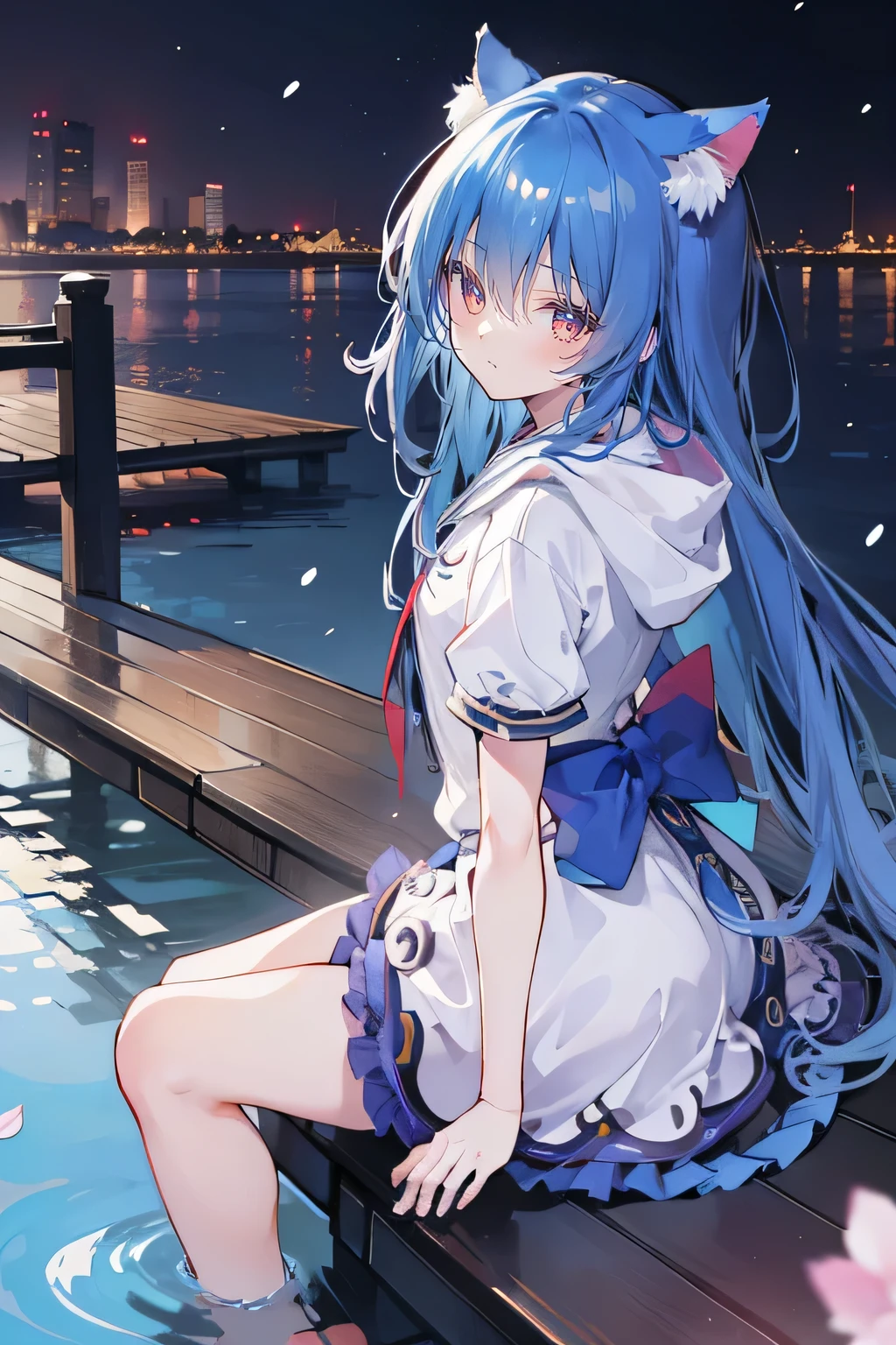 （masterpiece：1.2），Super detailed，lifelike，Expressive eyes，fair skin，perfect face shape，1 girl，
Japanese comics,Gorgeous blue hair,flowing blue hair,flowing clothes,Cat ears,Petals fall,beautiful lola,Baby Angel,
Shaking head with one hand，Cross your legs，Gentle and peaceful background，The pavilion is cool and comfortable,smile, wearing hoodie, background of tokyo,back views,snowing, winter,lie on the water. 