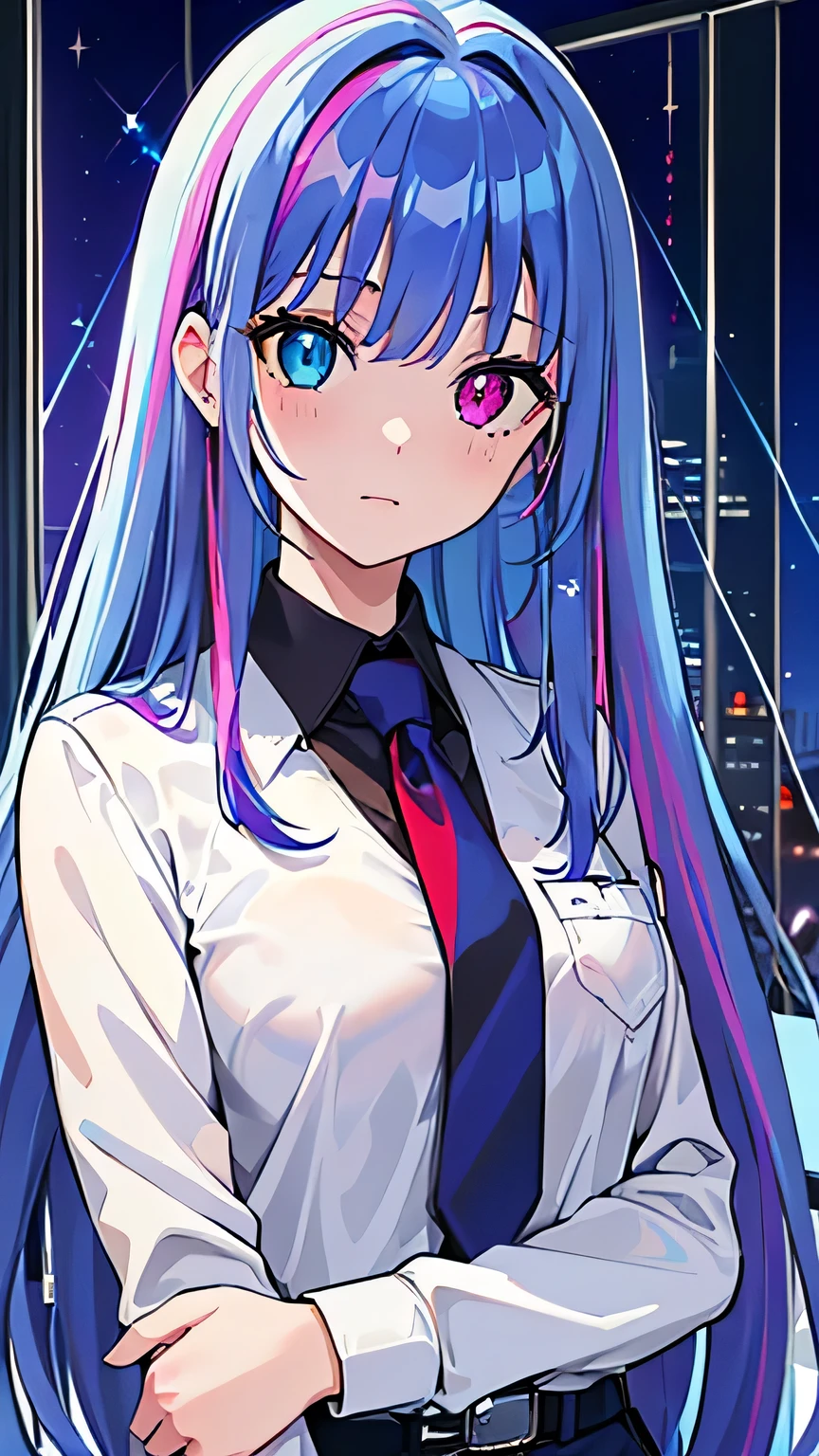 Masterpiece,High Quality,(girl),(alone),Masterpiece,High Quality,(heterochromia:red eye 1.3 and purple eye 1.3),(left eye red eye 1.3),(right eye purple eye 1.3),(one eye color difference), Clear Eyes,(Sparkling Highlights in the Eyes:1.4),(long blue hair:1.2),( light blue hair:1.2), (Office Background:1.4)