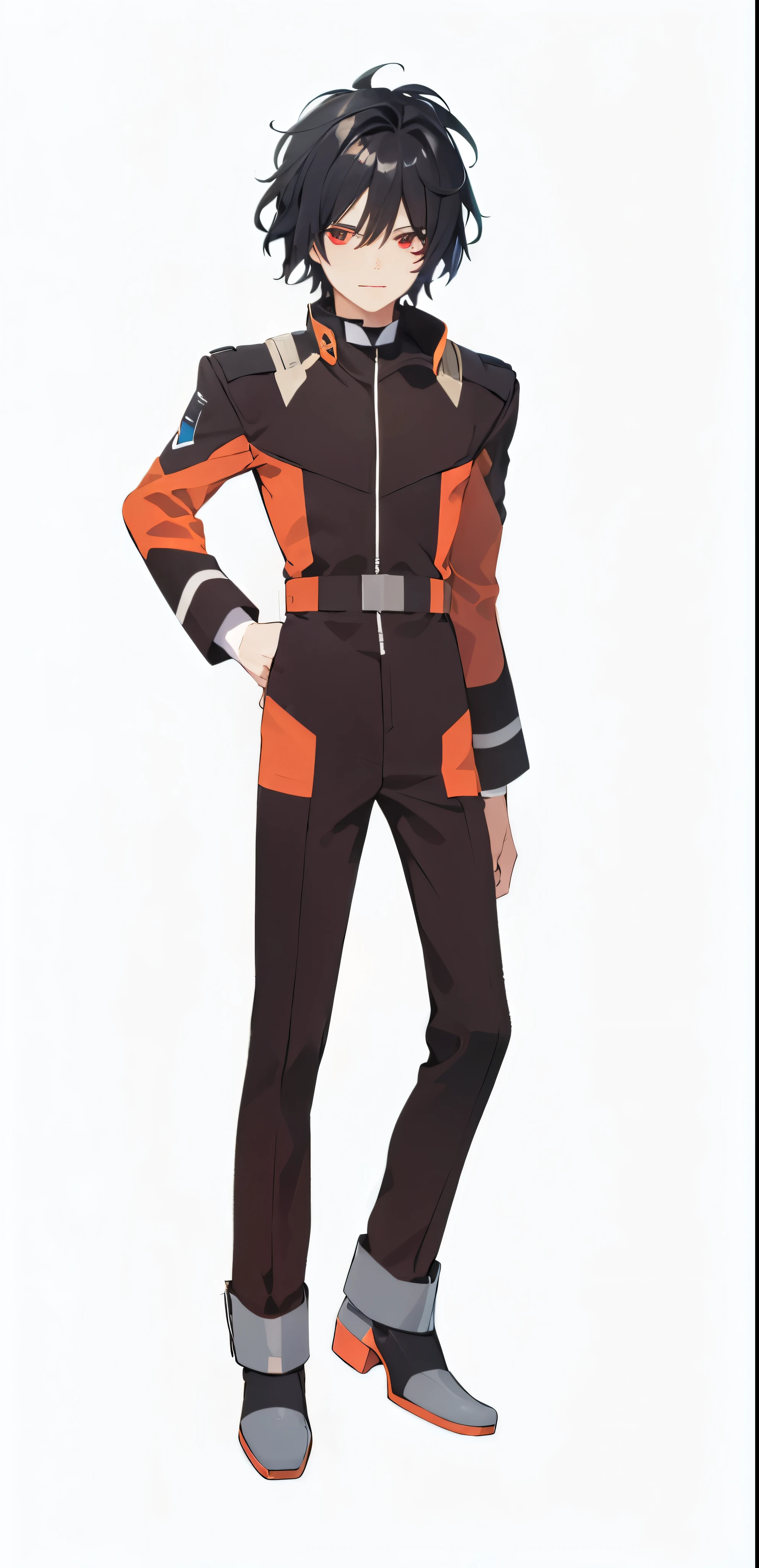 military uniform,pilot suit,red eyes,black hair,
, 1boy, solo, male focus, standing,