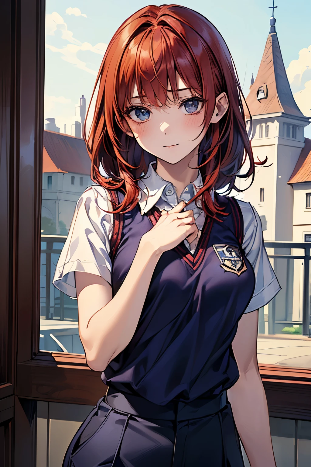 masterpiece、highest quality、Super detailed、An illustration、Beautiful detailed eyes、One girl、cute、Detailed landscape、Background of school grounds、(Red hair, Medium Hair:1.4)、((D cup breasts, Collared short-sleeved shirt:1.3, A navy blue vest with the school emblem on the chest, Navy blue slacks))