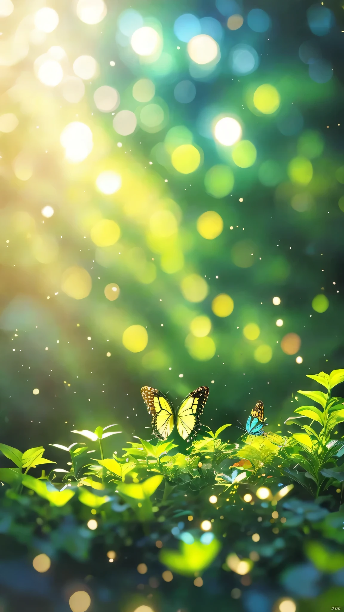 masterpiece, in the forest,Swallowtail butterfly fluttering, evening, mushroom, Dew Drops, High Contrast, Studio Ghibli style, Very complex, Very detailed, Photorealistic Style