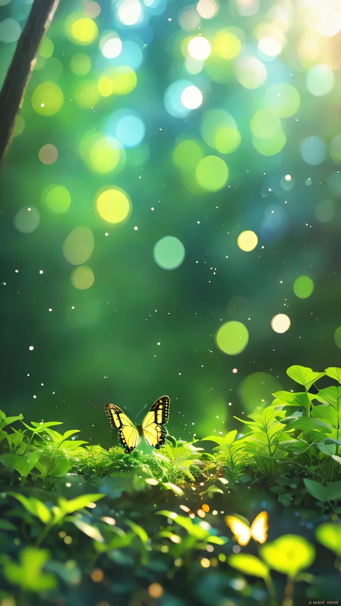 masterpiece, in the forest,Swallowtail butterfly fluttering, evening, mushroom, Dew Drops, High Contrast, Studio Ghibli style, Very complex, Very detailed, Photorealistic Style