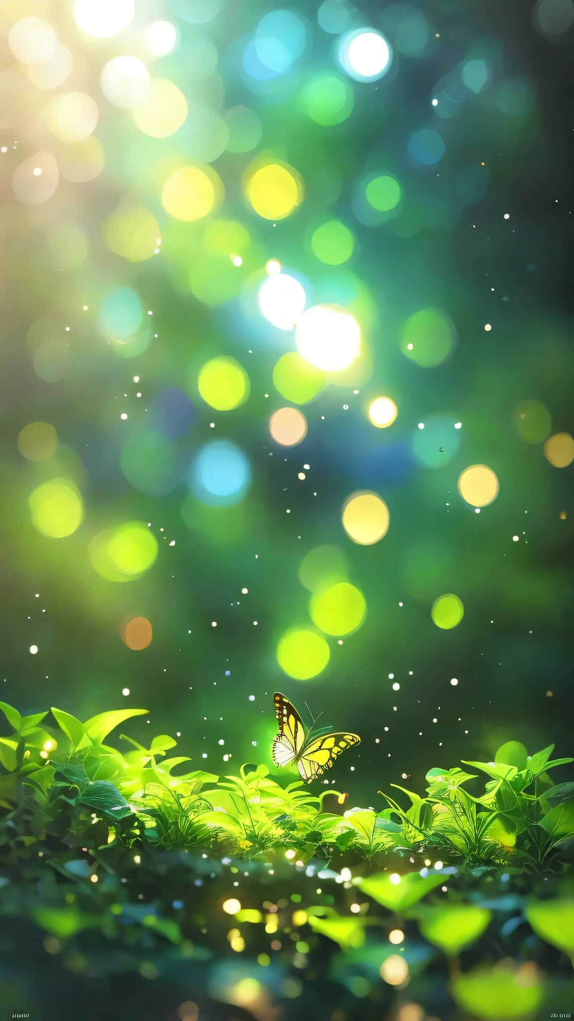 masterpiece, in the forest,Swallowtail butterfly fluttering, evening, mushroom, Dew Drops, High Contrast, Studio Ghibli style, Very complex, Very detailed, Photorealistic Style