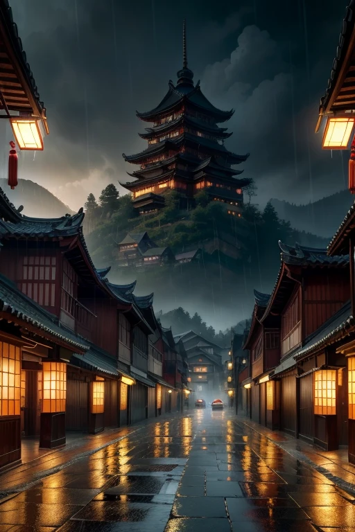 arafed view of a village with a lot of lights on the buildings, dreamy chinese town, chinese village, amazing wallpaper, japanese town, japanese village, hyper realistic photo of a town, old asian village, japanese city, by Raymond Han, rainy evening, cyberpunk chinese ancient castle, beautifully lit buildings, at evening during rain, beautiful and aesthetic, photography, cinematic, 8k, high detailed ((Heavy rain)))