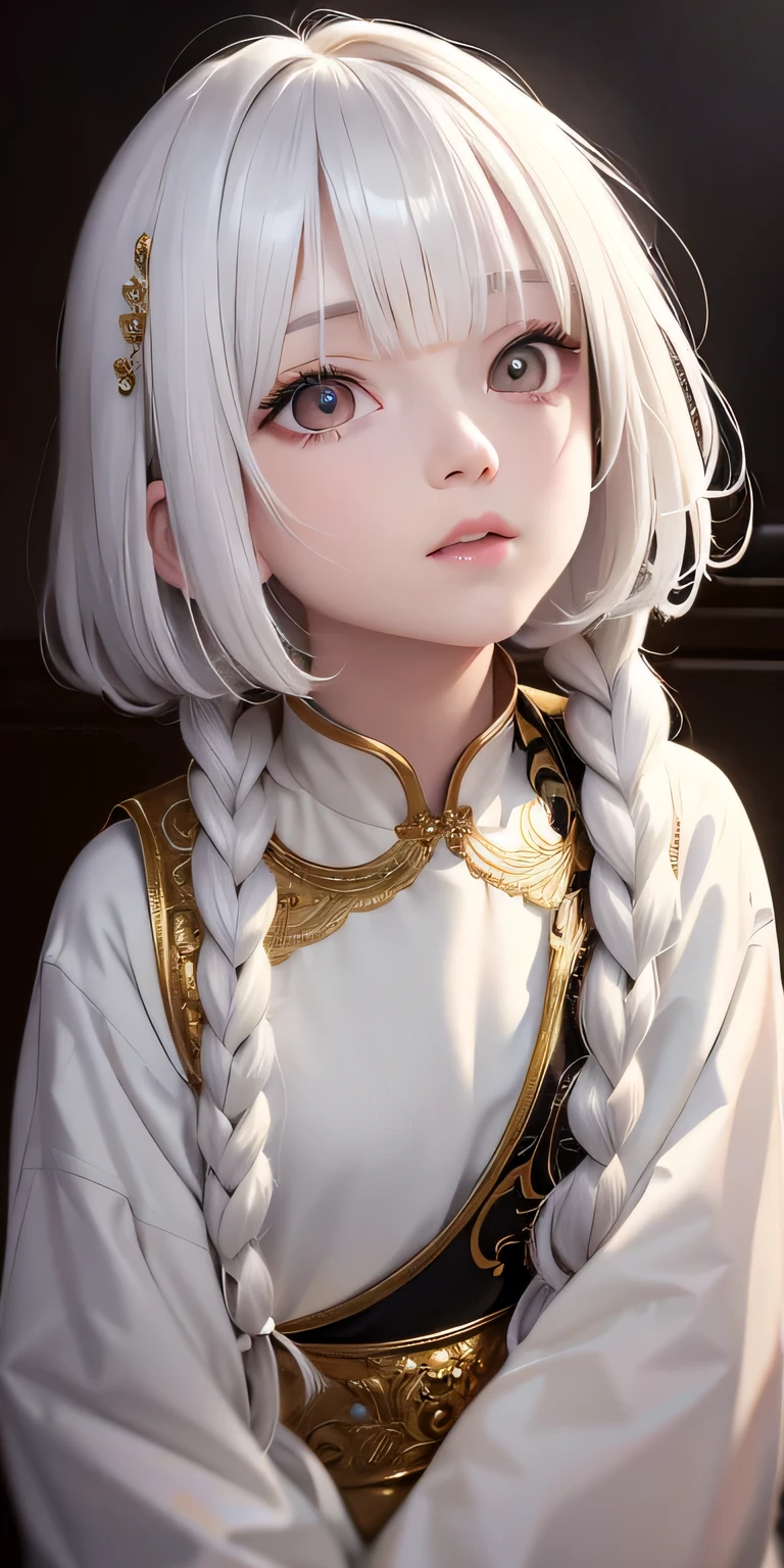 highest quality, masterpiece,Gray Hair, Golden Eyes,White clothes, look up, Upper Body,hair,Fair skin,Side braid