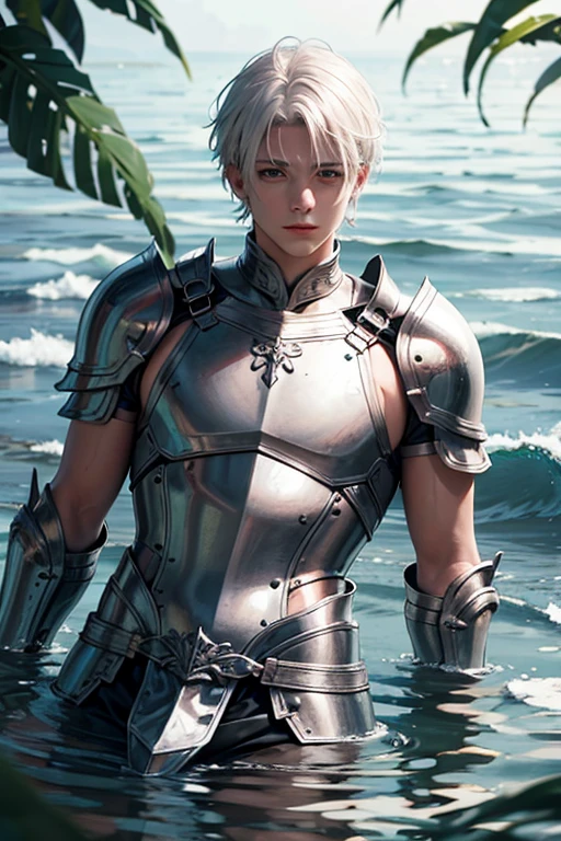 white-haired Greek boy with armor lying in water