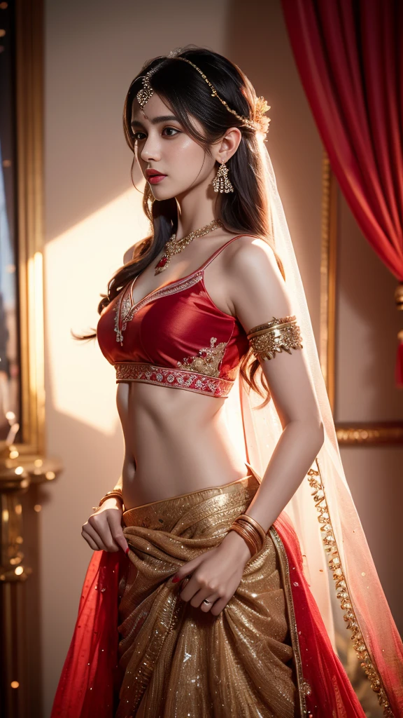 4k, Ultra HD, masterpiece, 1 girl, Good face, delicate eyes, Detailed lips, Very long hair, Straight Hair, Very long hair, beautiful hair, hair Decorations, Headband, Gradient hair, ((red lehenga)), ((Bridal lehenga)), ((Decorative shirt)), sardine, ((Jewelry on lehenga)), ((Red lace)), Decorations, necklace, earrings, High illumination, ((Bare belly)), Wedding stage, Fuji Color, Depth of Field, Ray tracing, Ultra-realistic details, 