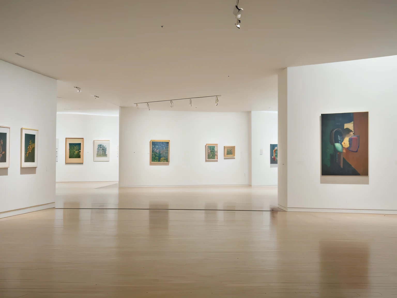 angle view of interior of modern art museum, showing long blank walls , close up