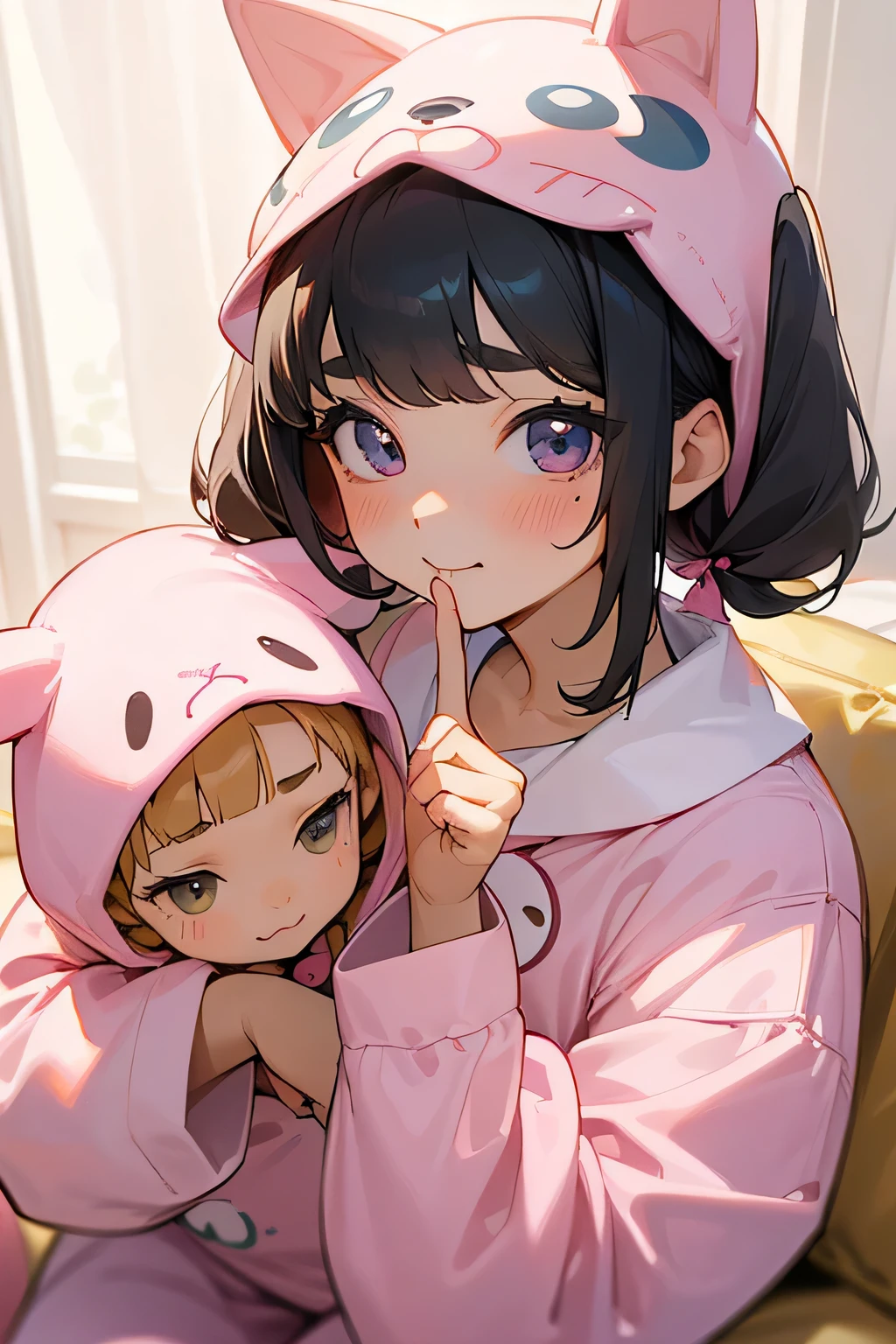 highest quality、High resolution、Detailed Background、(Beautiful face in every detail:1.4)、Anatomically correct、(Hide your fingers:1.3)、(Detailed facial expressions)、(Detailed eyes:1.2)、Teenage beauty、(Three Women)、(Highly detailed face:1.4)、cute hair color、Bobcut、Twin tails、well-groomed eyebrows、Soft atmosphere、Very excited、Cute gestures、Laugh playfully、A big smile、cute kigurumi pajamas、
(Three beautiful girls are having a pajama party in a friend's room:1.5)、
We enjoy chatting, eating sweets, and having girly fun.、
Everyone is relaxing in their soft pajamas.、Girls wearing pink or lovely pajamas holding stuffed toys、Sitting close to the cushion、
The room is filled with a soft pink and pastel color atmosphere.、
Kittens and rabbits、Dinosaur and other animal-themed kigurumi pajamas、cute