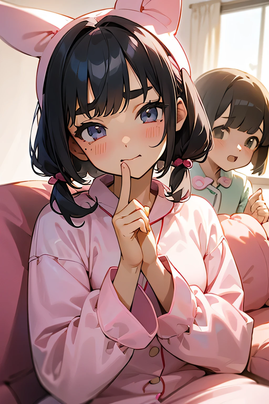 highest quality、High resolution、Detailed Background、(Beautiful face in every detail:1.4)、Anatomically correct、(Hide your fingers:1.3)、(Detailed facial expressions)、(Detailed eyes:1.2)、age beauty、(Three Women)、(Highly detailed face:1.4)、cute hair color、Bobcut、Twin tails、well-groomed eyebrows、Soft atmosphere、Very excited、Cute gestures、Laugh playfully、A big smile、cute kigurumi pajamas、
(Three beautiful girls are having a pajama party in a friend's room:1.5)、
We enjoy chatting, eating sweets, and having girly fun.、
Everyone is relaxing in their soft pajamas.、Girls wearing pink or lovely pajamas holding stuffed toys、Sitting close to the cushion、
The room is filled with a soft pink and pastel color atmosphere.、
Kittens and rabbits、Dinosaur and other animal-themed kigurumi pajamas、cute
