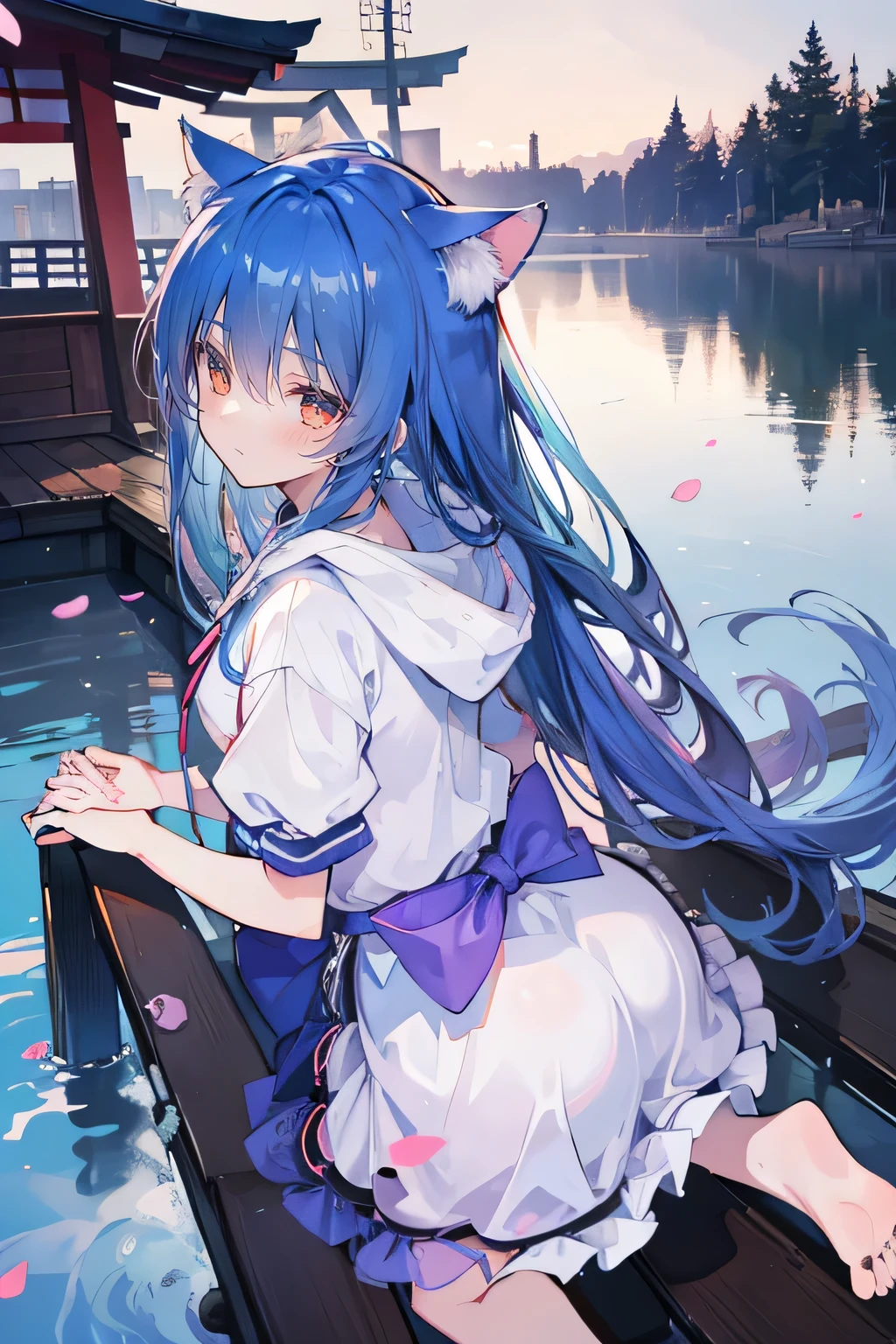 （masterpiece：1.2），Super detailed，lifelike，Expressive eyes，fair skin，perfect face shape，1 girl，
Japanese comics,Gorgeous blue hair,flowing blue hair,flowing clothes,Cat ears,Petals fall,beautiful lola,Baby Angel,
Shaking head with one hand，Cross your legs，Gentle and peaceful background，The pavilion is cool and comfortable,smile, wearing hoodie, background of tokyo,back views,snowing, winter,lie on the water,two legs. 