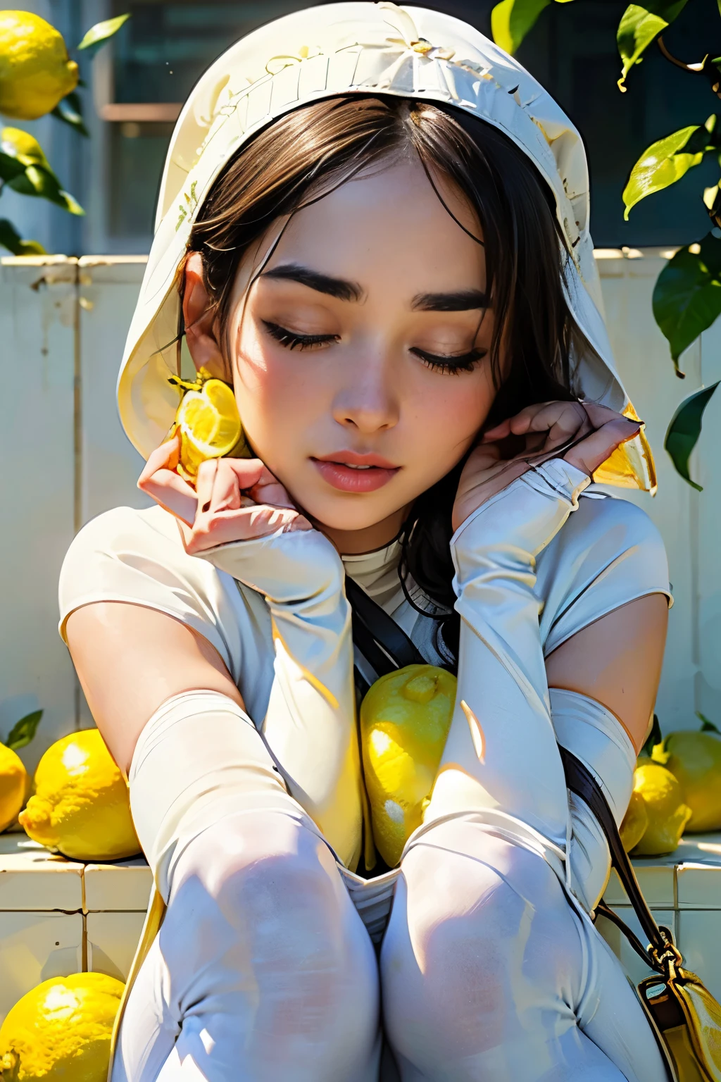 Young and stunningly beautiful woman、(Portrait、Wearing white tights:1.5)、(Wearing a lemon cover:1.55)、I have lemons in both hands、(Biting into a lemon)、(Close your eyes tight、Purse your lips and stick them out:1.5)、(Tilt your head)、(Wrinkles between the eyebrows)，