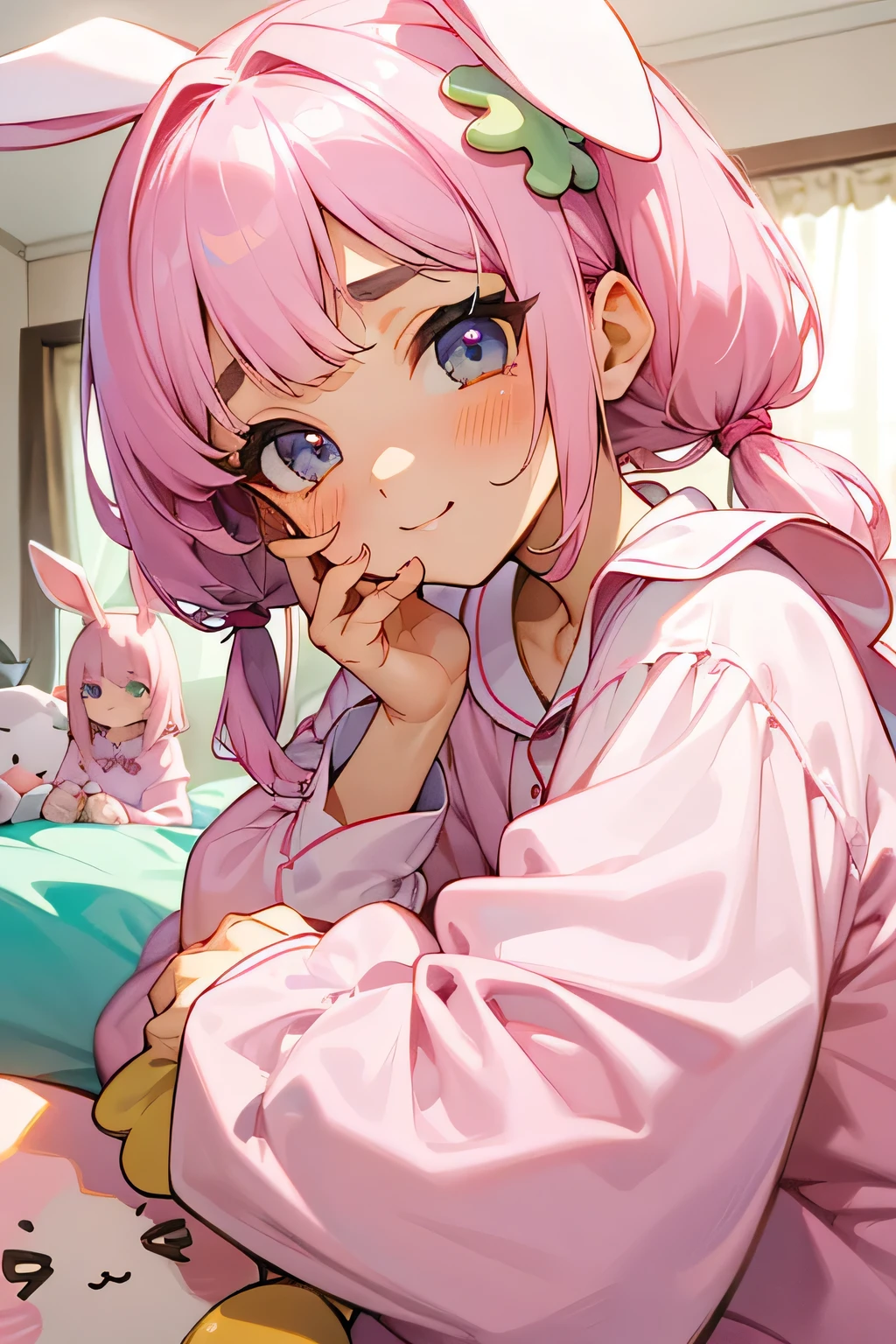 highest quality、High resolution、Detailed Background、(Beautiful face in every detail:1.4)、Anatomically correct、(Hide your fingers:1.3)、(Detailed facial expressions)、(Detailed eyes:1.2)、age beauty、(Three Women)、(Highly detailed face:1.4)、cute hair color、Bobcut、Twin tails、well-groomed eyebrows、Soft atmosphere、Very excited、Cute gestures、Laugh playfully、A big smile、cute kigurumi pajamas、
(Three beautiful girls are having a pajama party in a friend's room:1.5)、
We enjoy chatting, eating sweets, and having girly fun.、
Everyone is relaxing in their soft pajamas.、Girls wearing pink or lovely pajamas holding stuffed toys、Sitting close to the cushion、
The room is filled with a soft pink and pastel color atmosphere.、
Kittens and rabbits、Dinosaur and other animal-themed kigurumi pajamas、cute