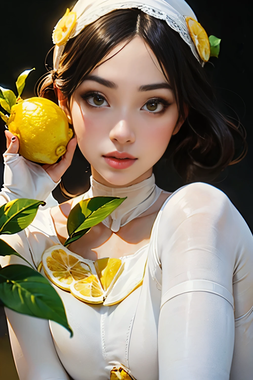 Young and stunningly beautiful woman、(Portrait、Wearing white tights:1.5)、(Wearing a lemon cover:1.55)、Eating lemon