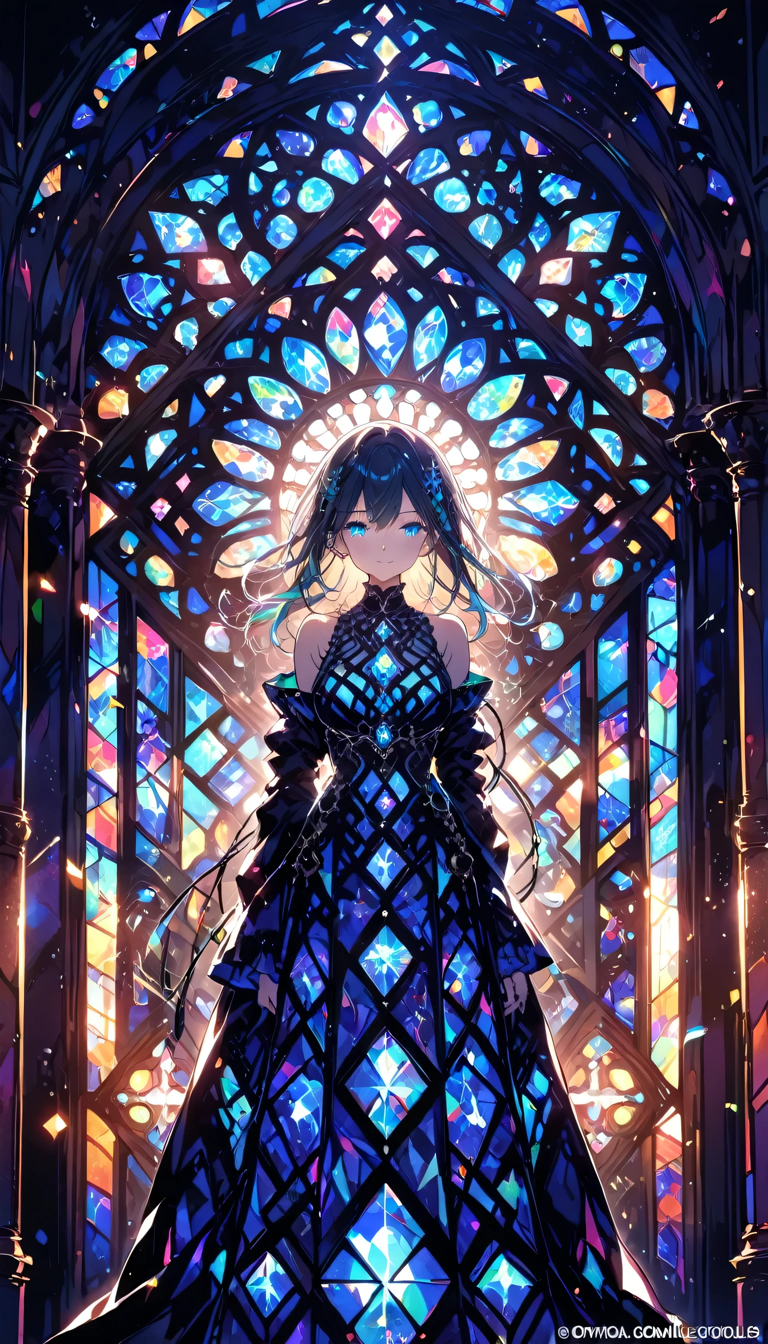 (masterpiece, highest quality, highest quality,Official Art, beautifully、aesthetic:1.2),(One girl:1.3), One girl BREAK stained glass art, Colored Glass, Lead wire, Light transmission BREAK Vivid colors, Intricate Design, Glowing effect, Spiritual atmosphere