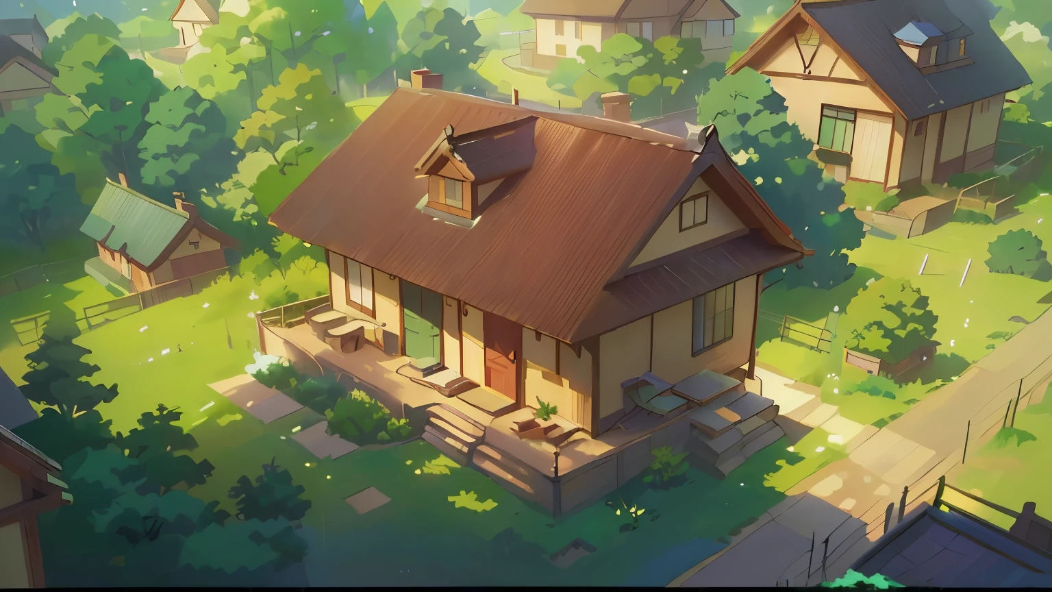there is a small house in the middle of a small town, japanese house, realistic anime 3 d style, painted in anime painter studio, style of makoto shinkai, stylized concept art, stylized anime, traditional japanese concept art, anime scenery concept art, makoto shinkai style, in style of makoto shinkai, anime background art