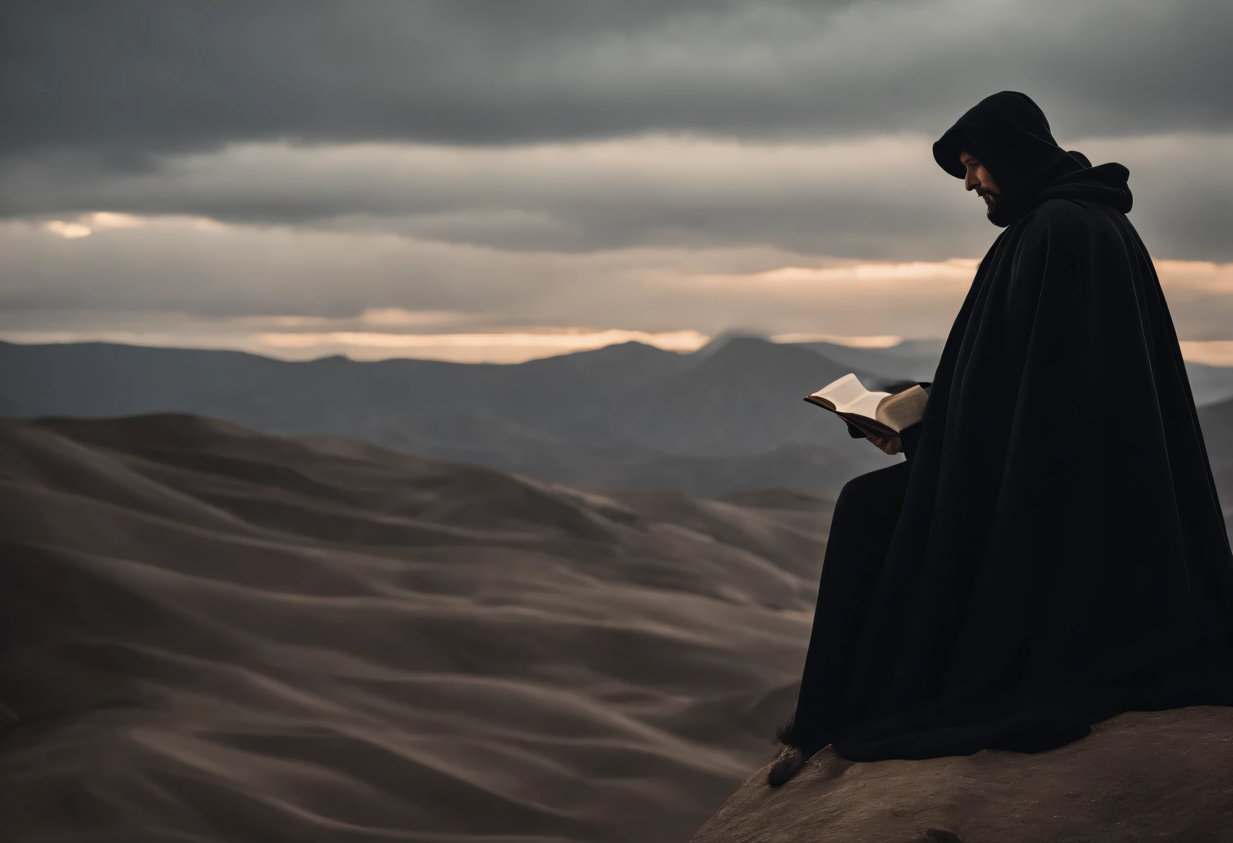 a man in a long black cloak sitting on a mountain top reading an investment book, intricate clothing folds, dramatic lighting, cinematic composition, muted color palette,Dune-inspired