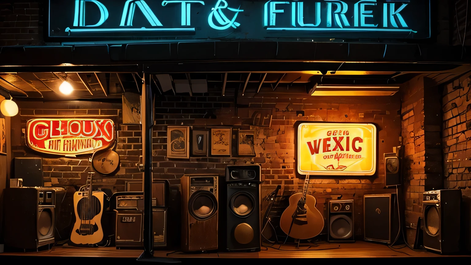 There's an old jukebox, an antique microphone stand and an electric guitar on the stage, and a brick wall and neon lights shine in the background. The dim lighting creates a mood and gives you a blues vibe. Vintage posters and records are displayed here and there. The overall warm colors create a nostalgic and chic atmosphere.
